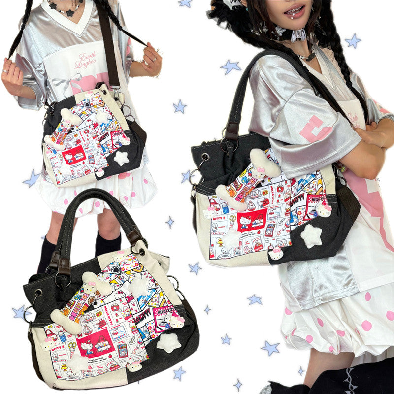 Y2K Patchwork Canvas Tote Bag - Hottie by Land Decora