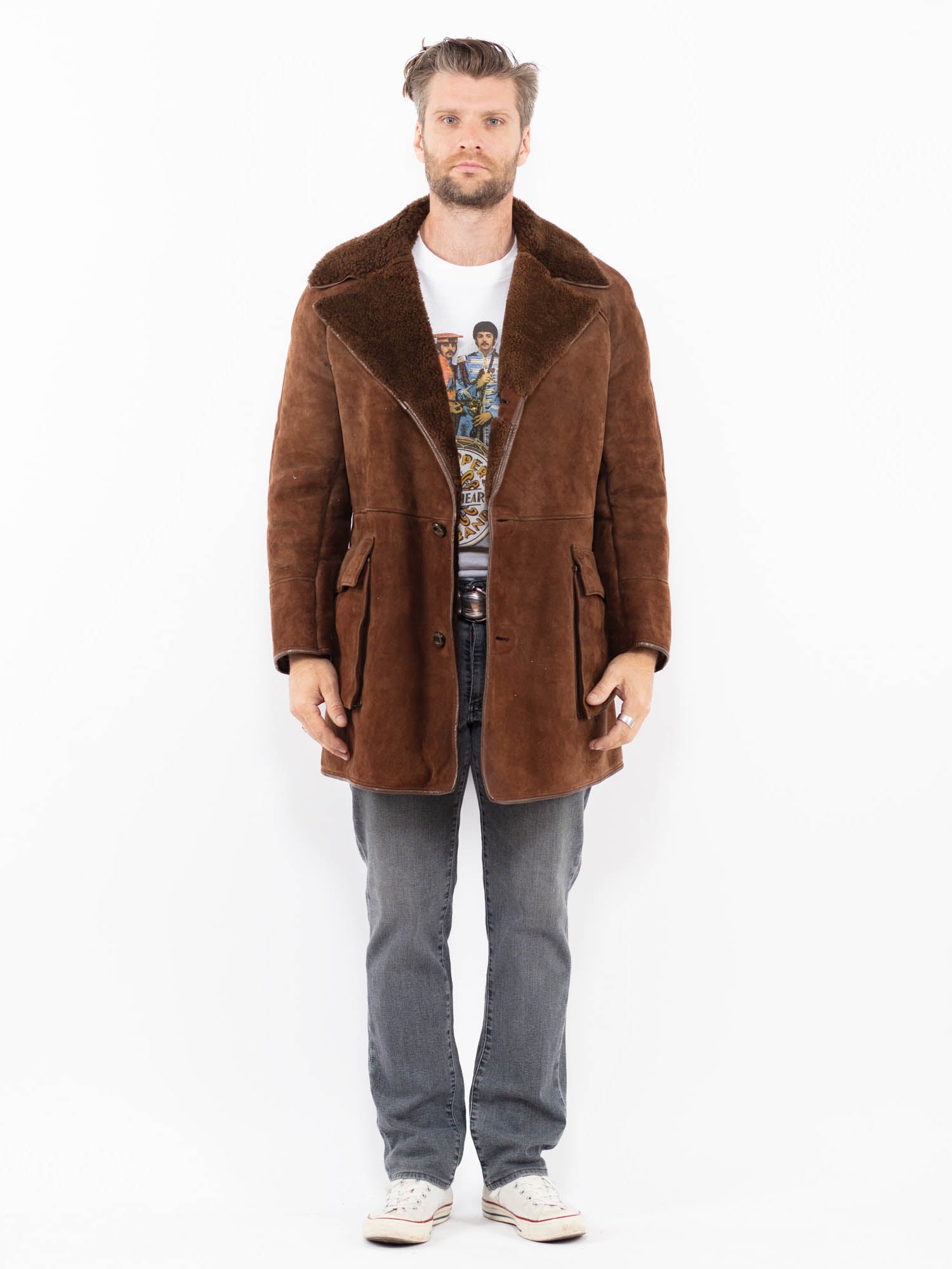 Vintage 70's Men Sheepskin Coat in Brown by Northern Grip