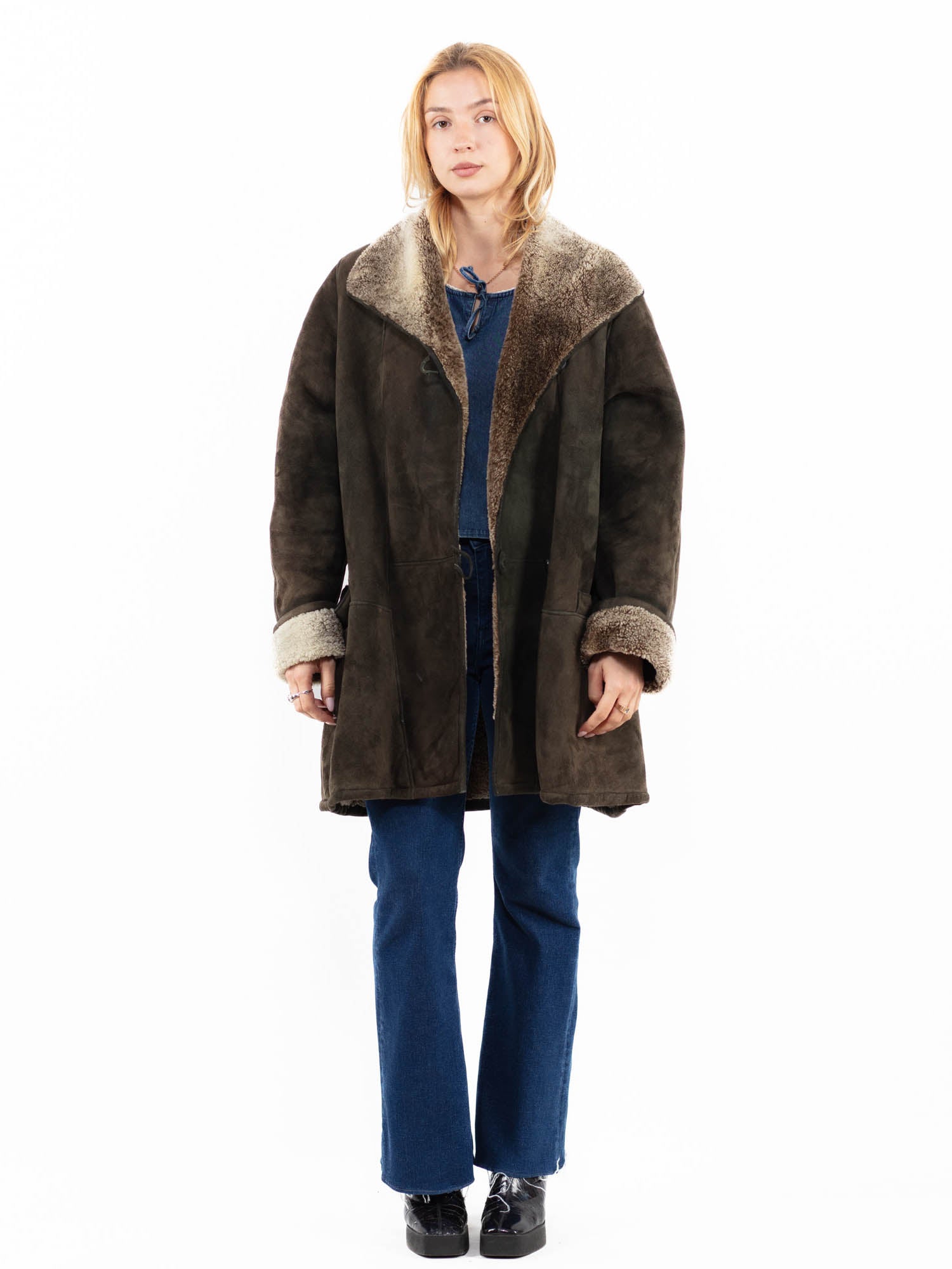 Vintage 90's Women Sheepskin Coat in Green by Northern Grip