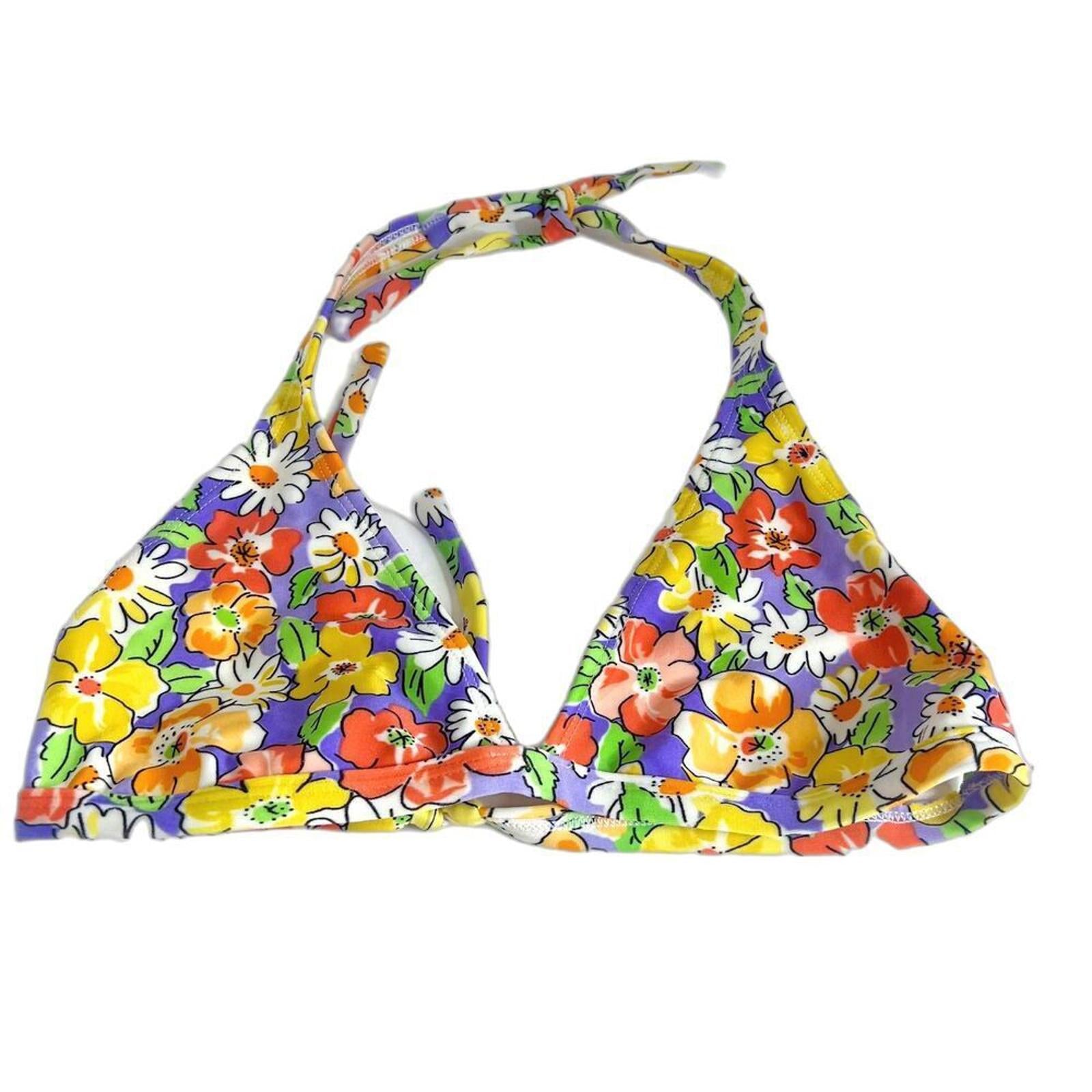 y2k Vintage Purple and Yellow Floral Triangle Bikini Top Women's Size by Hot Girl Secondhand