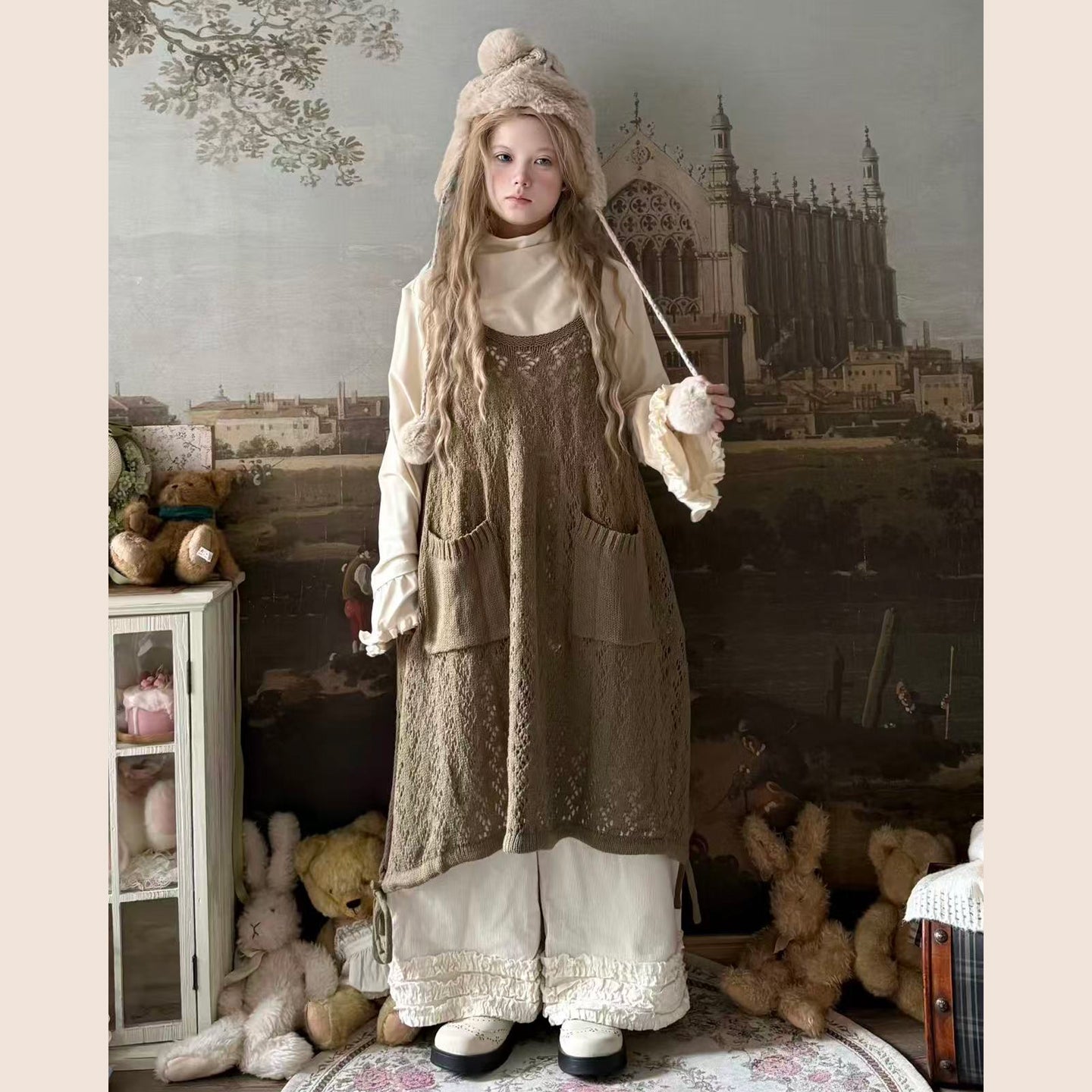 Kawaii Retro Knit Hollow Strap Overlay Dress Cotton Loose - Labeau by Land Decora