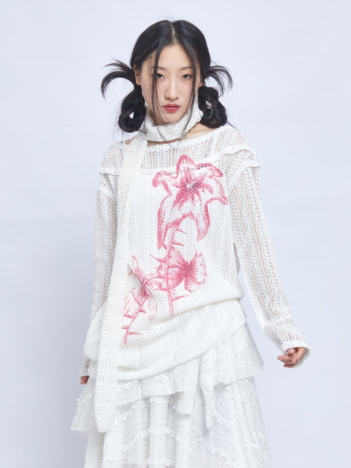Harajuku Sweatshirt Beige Hollow-out Sweatshirt Printed Sweatshirt Moon Meadow by Land Decora