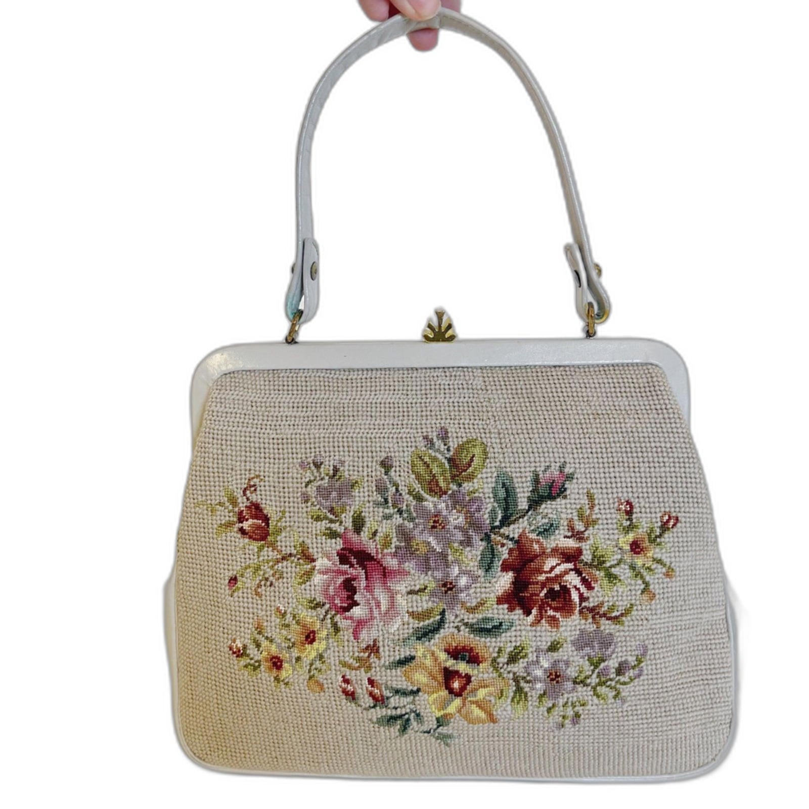 Vintage 1950s Floral Needlepoint Beige Handbag Shoulder Bag Purse by Hot Girl Secondhand