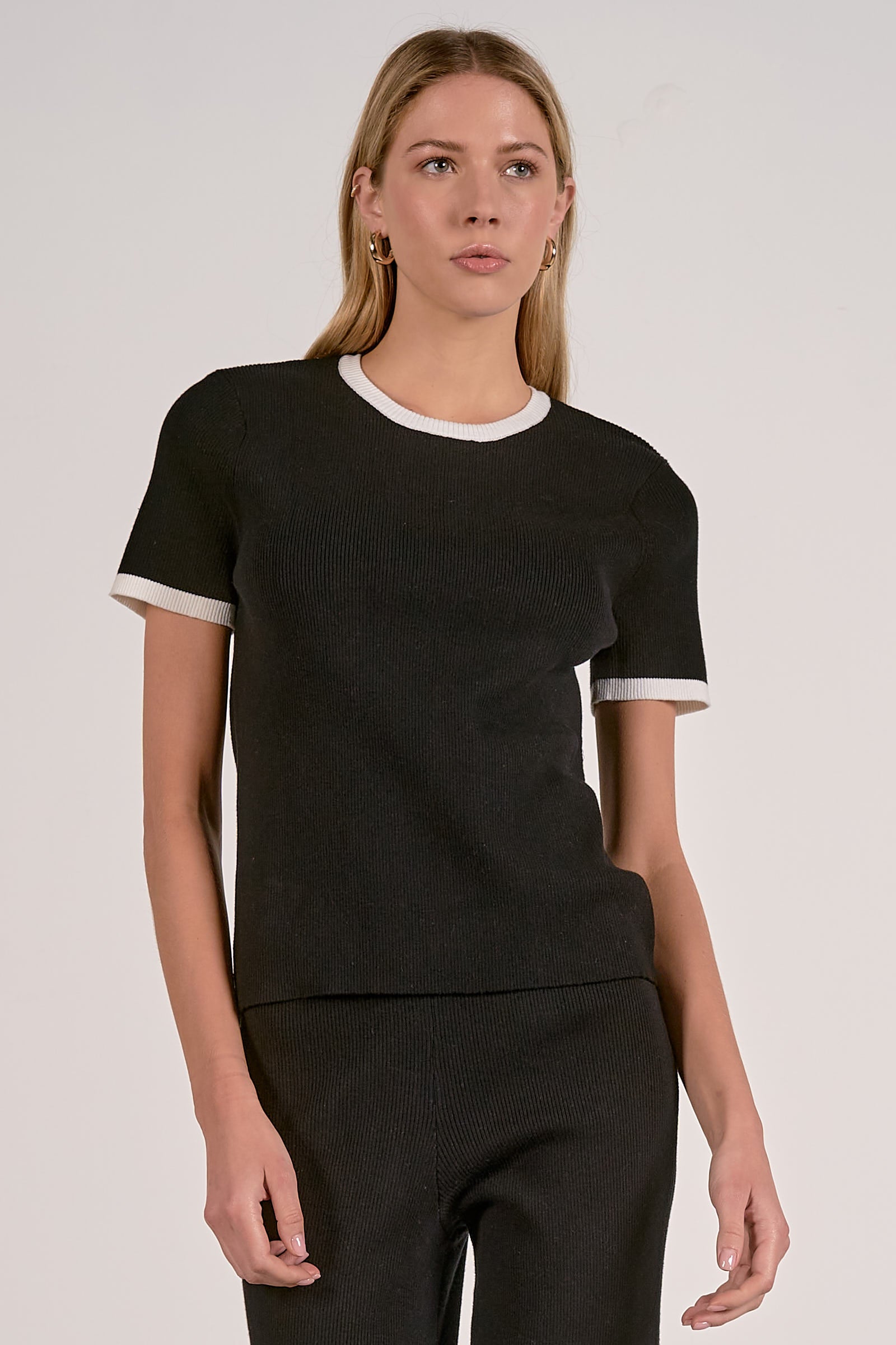 Elan Contrast Trim Short Sleeve Top in Black White by Sierra Deene