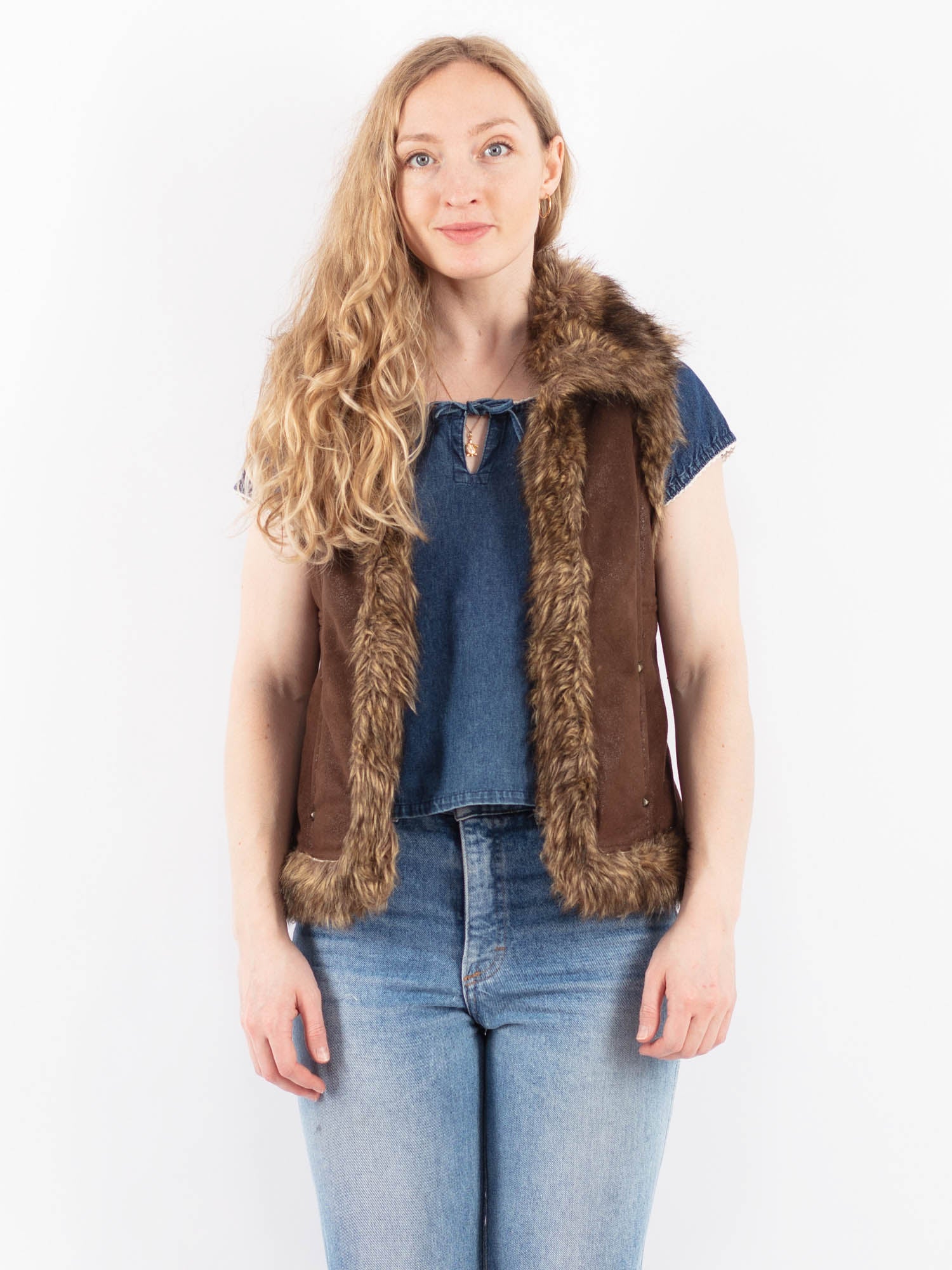 Vintage 00's Women Faux Sheepskin Vest in Brown by Northern Grip