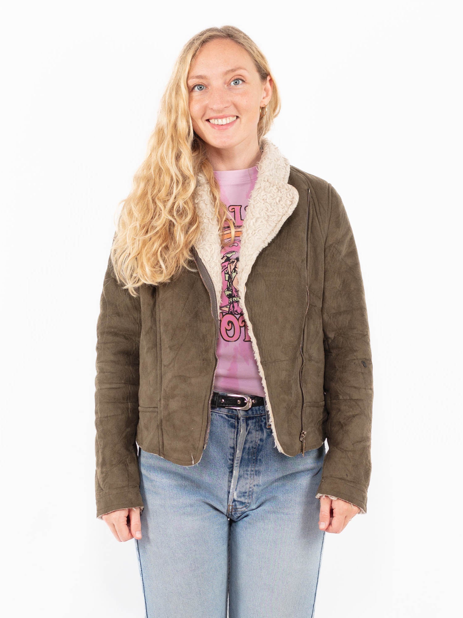 Vintage 90's Women Faux Sheepskin Jacket in Green by Northern Grip