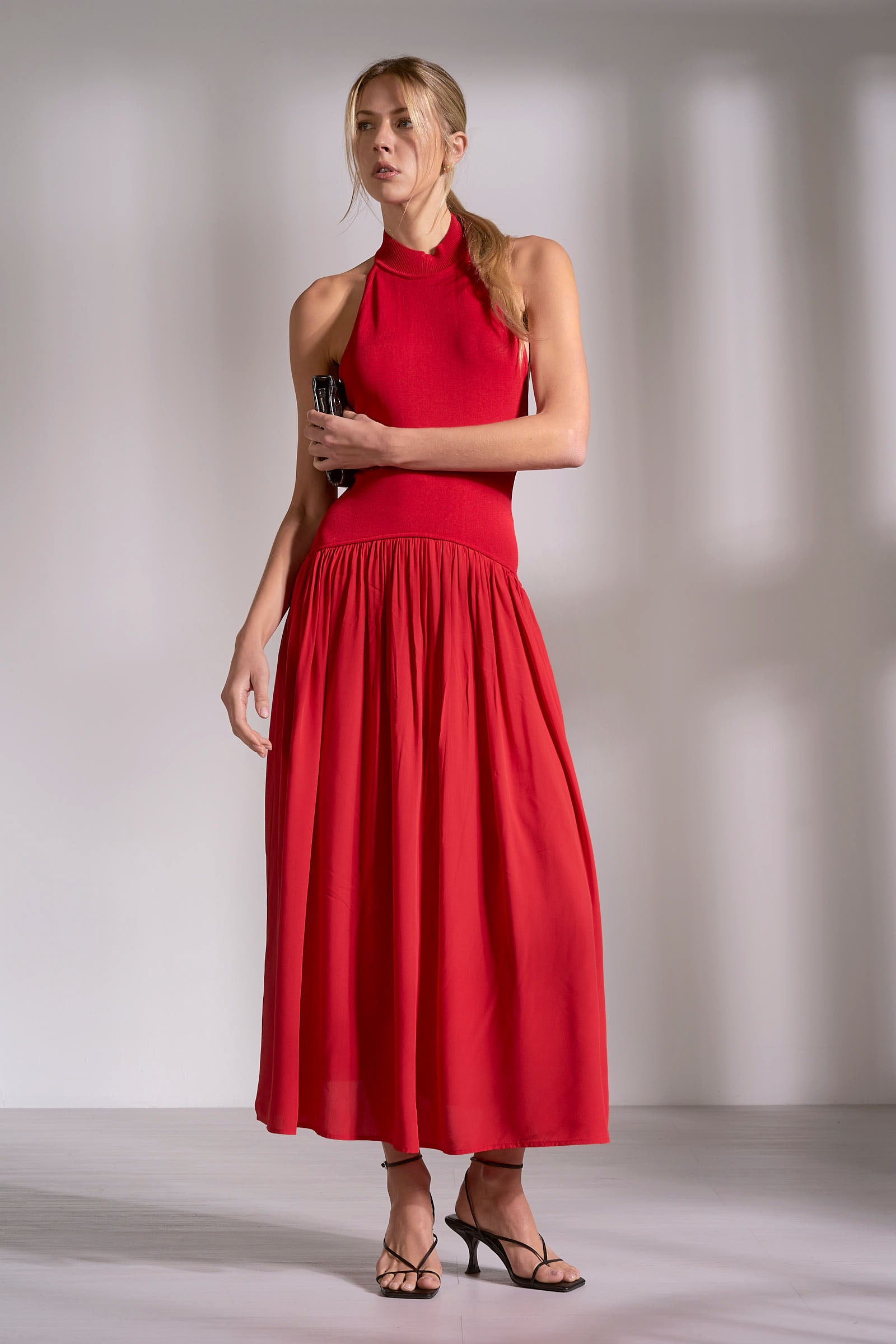 Elan Mixed Media Maxi Halter Dress by Sierra Deene
