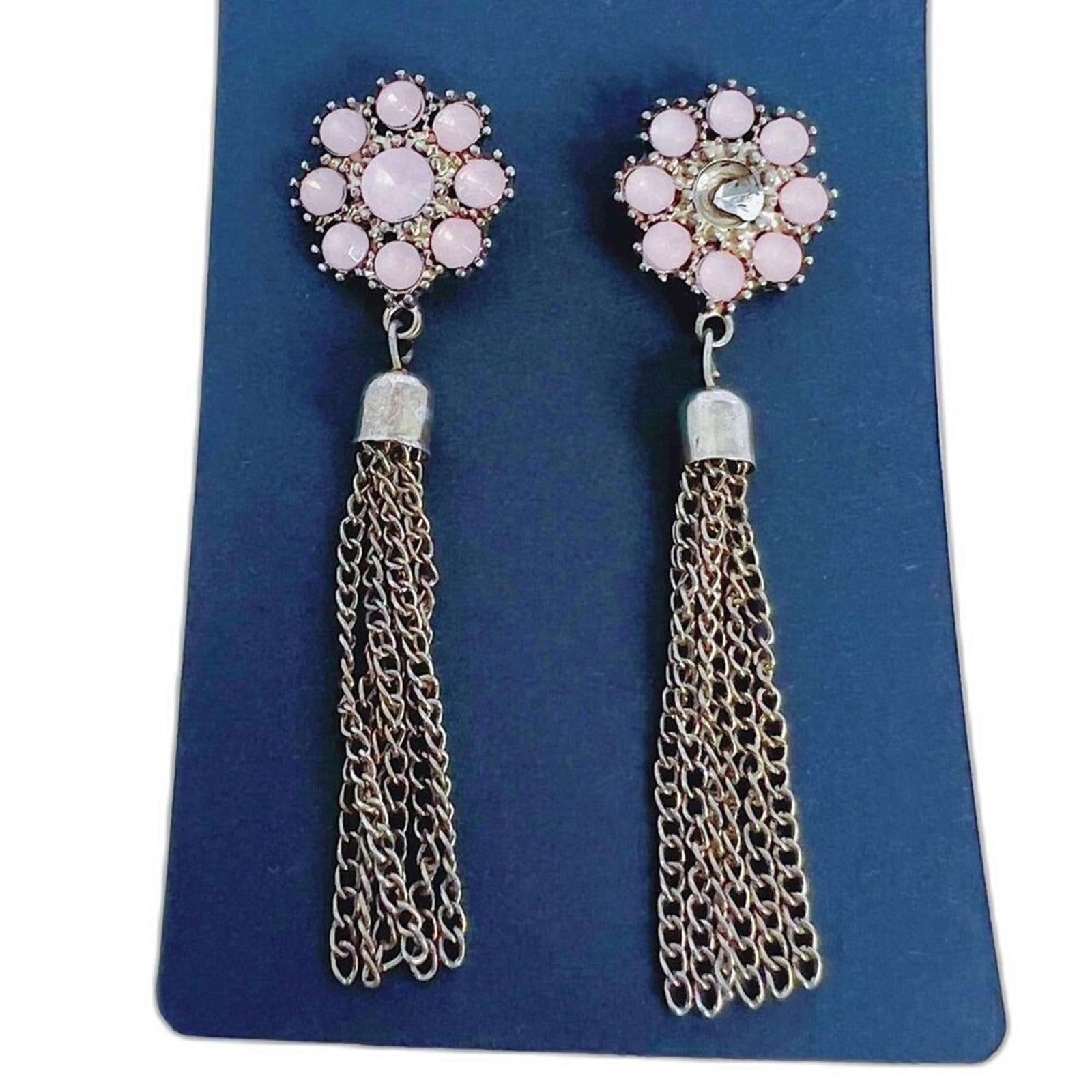 Pink Flower Earrings Gold Tassel Dangling Boho Chic by Hot Girl Secondhand