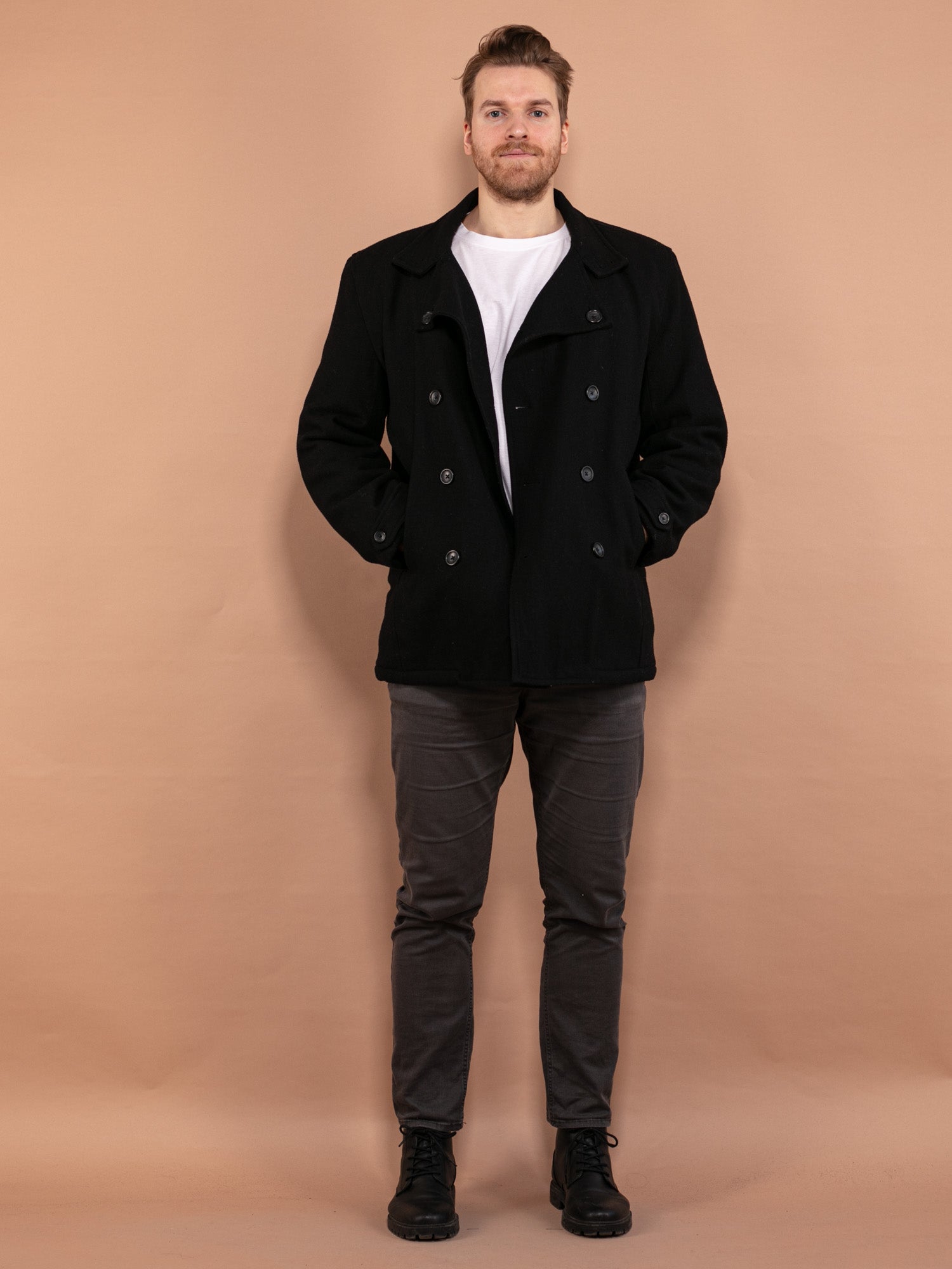 Vintage 90's Men Wool Blend Peacoat in Black by Northern Grip