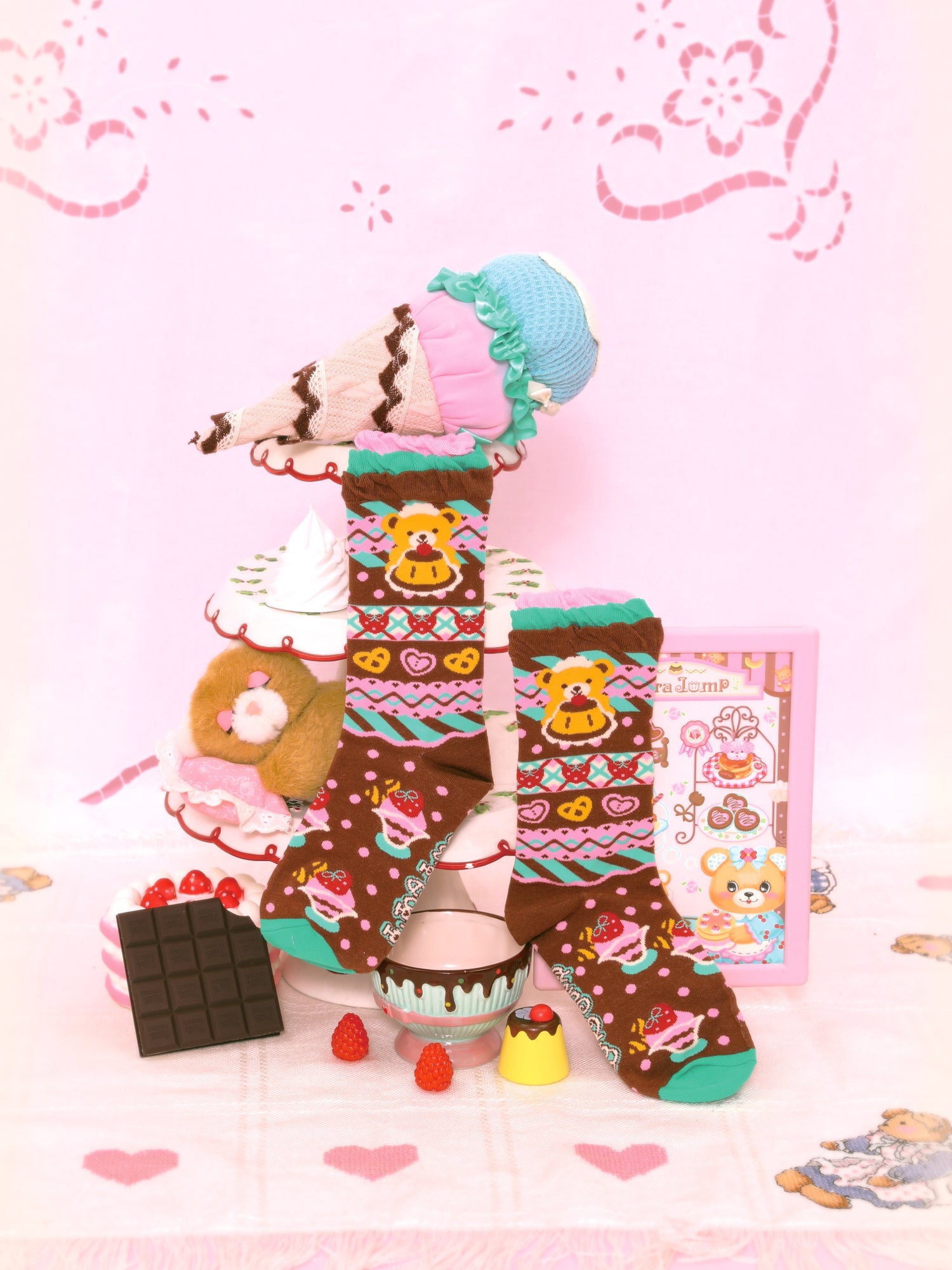 Kawaii Bear Stripe Pattern Lace Mid Socks - LutraJump by Land Decora