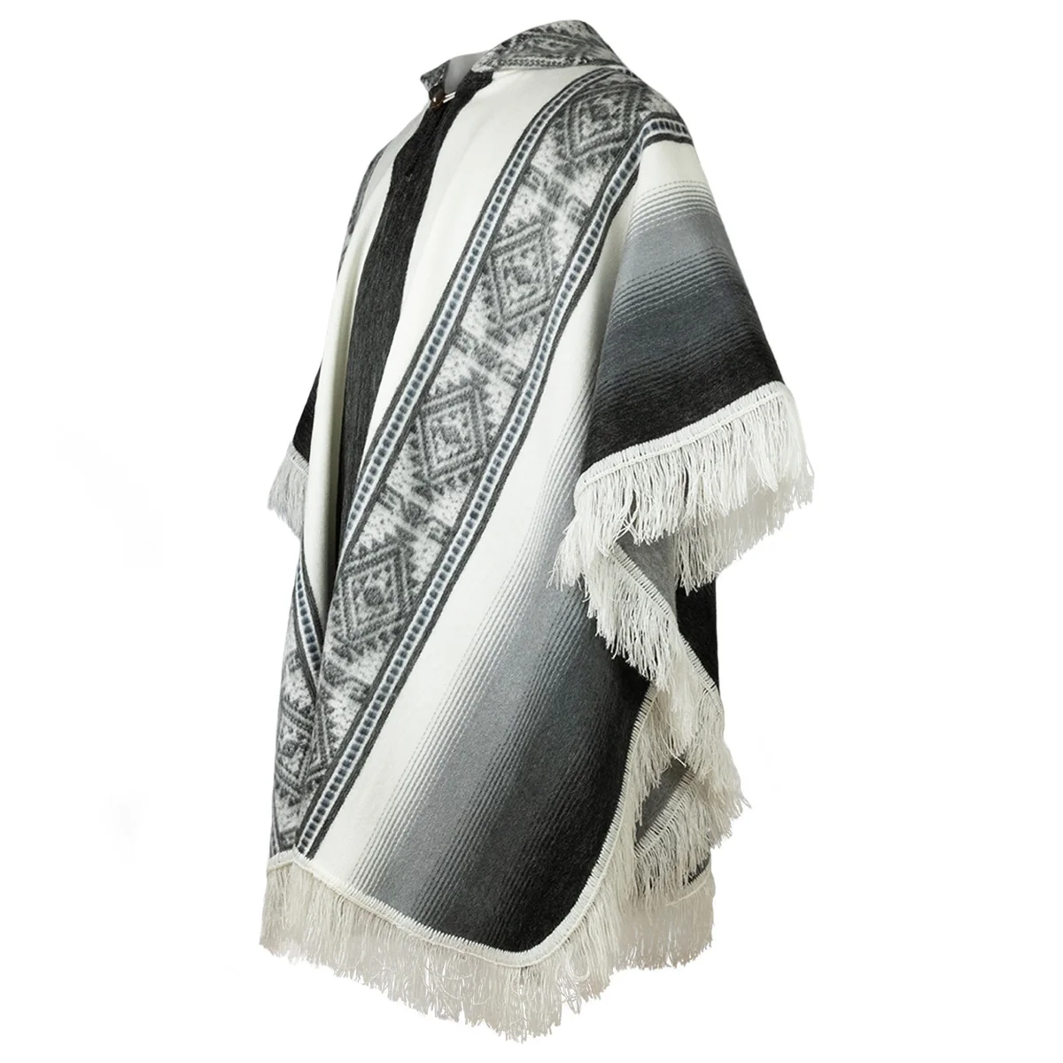 Lightweight Baby Alpaca Wool Unisex Fringed Hooded Poncho Pullover - Shades of Gray by ECUALAMA