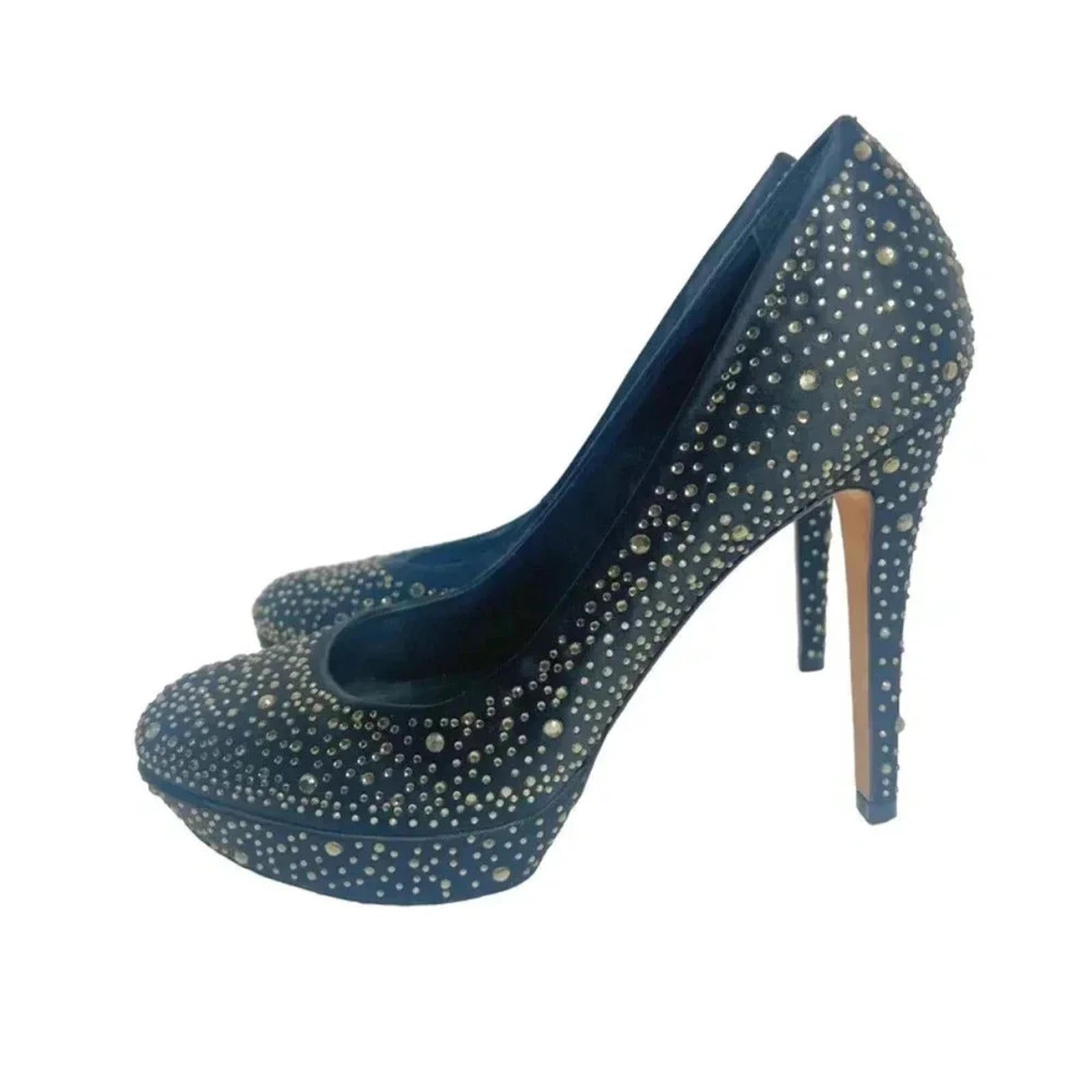 BCBG Maxazria Navy Blue Satin Gold Rhinestone Pumps Stilettos Size 8.5 by Hot Girl Secondhand