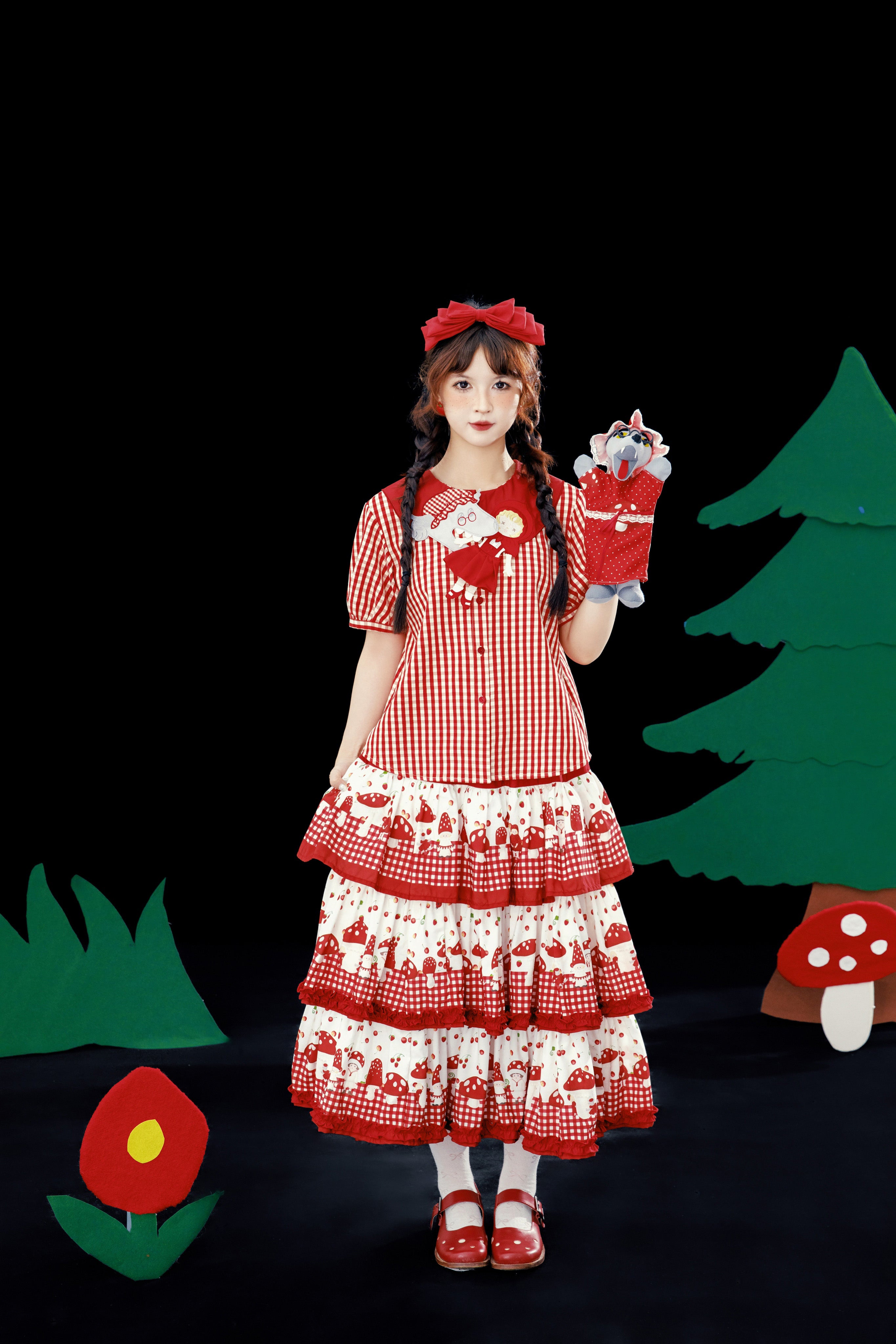 Meugler Kawaii Mushroom Red Plaid Cake Skirt – Layered Fairycore Half Skirt by Land Decora