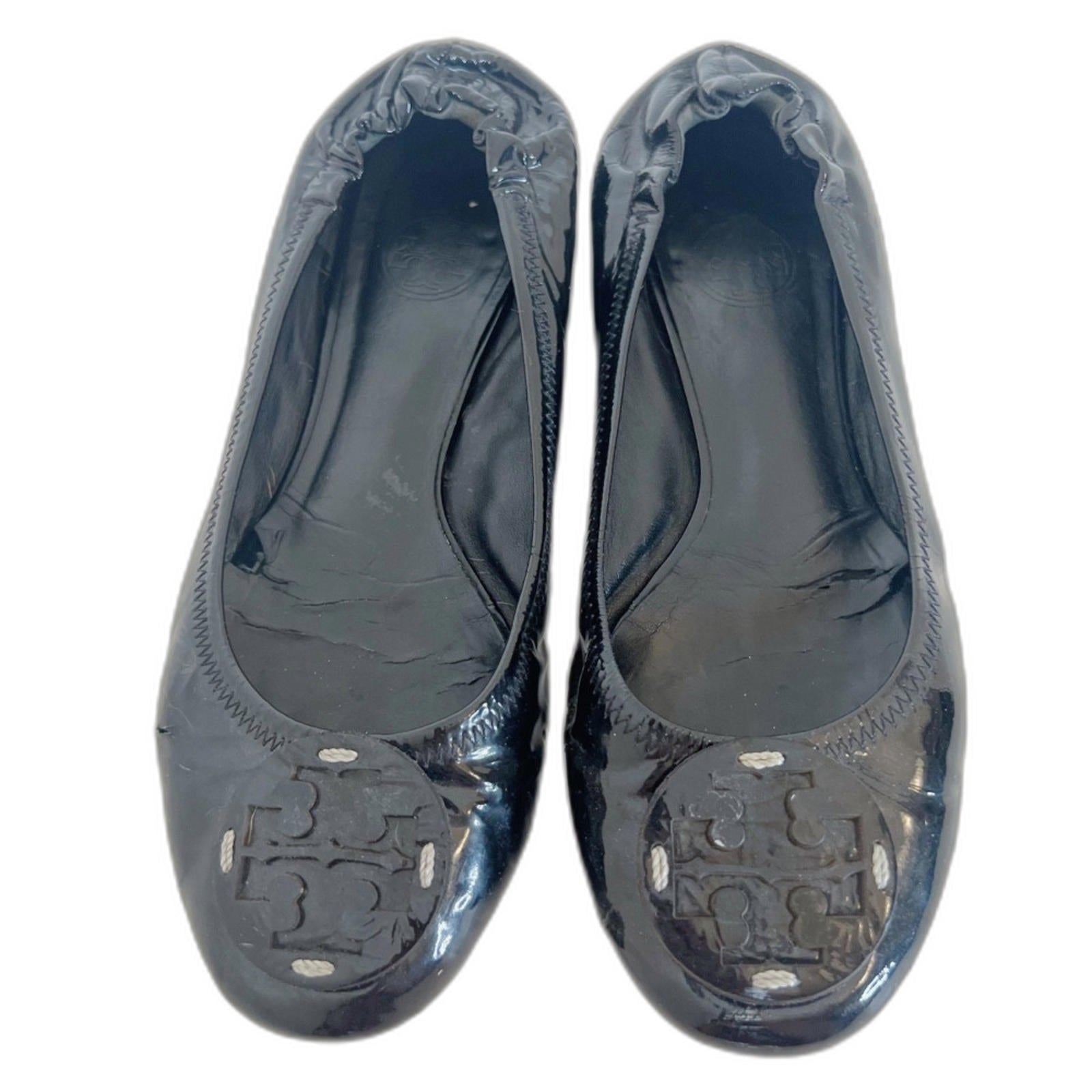 Tory Burch Reva Travel Black Patent Leather Ballet Flats Leather Emble by Hot Girl Secondhand