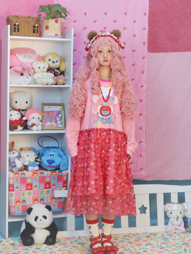 Kawaii Chef Mouse Print Long Dress - LULULULU Chiffon Knit Patchwork Style by Land Decora