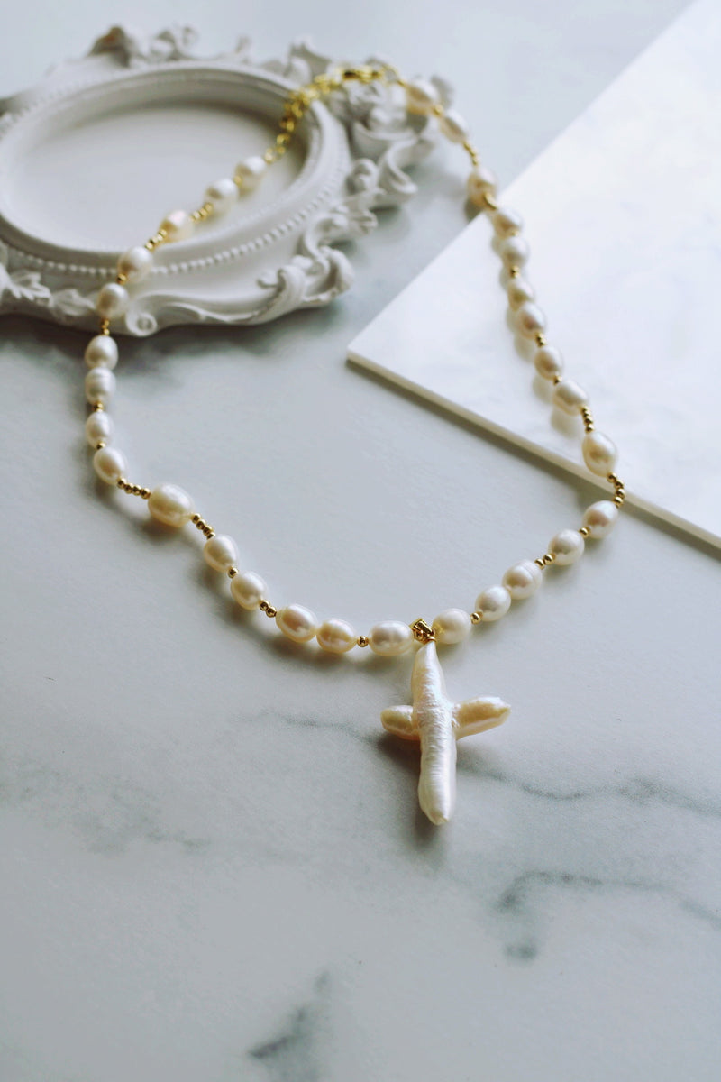 VINTAGE BAROQUE CROSS BEADED PEARL NECKLACE (HANDMADE & WATERPROOF) by RAËLIV