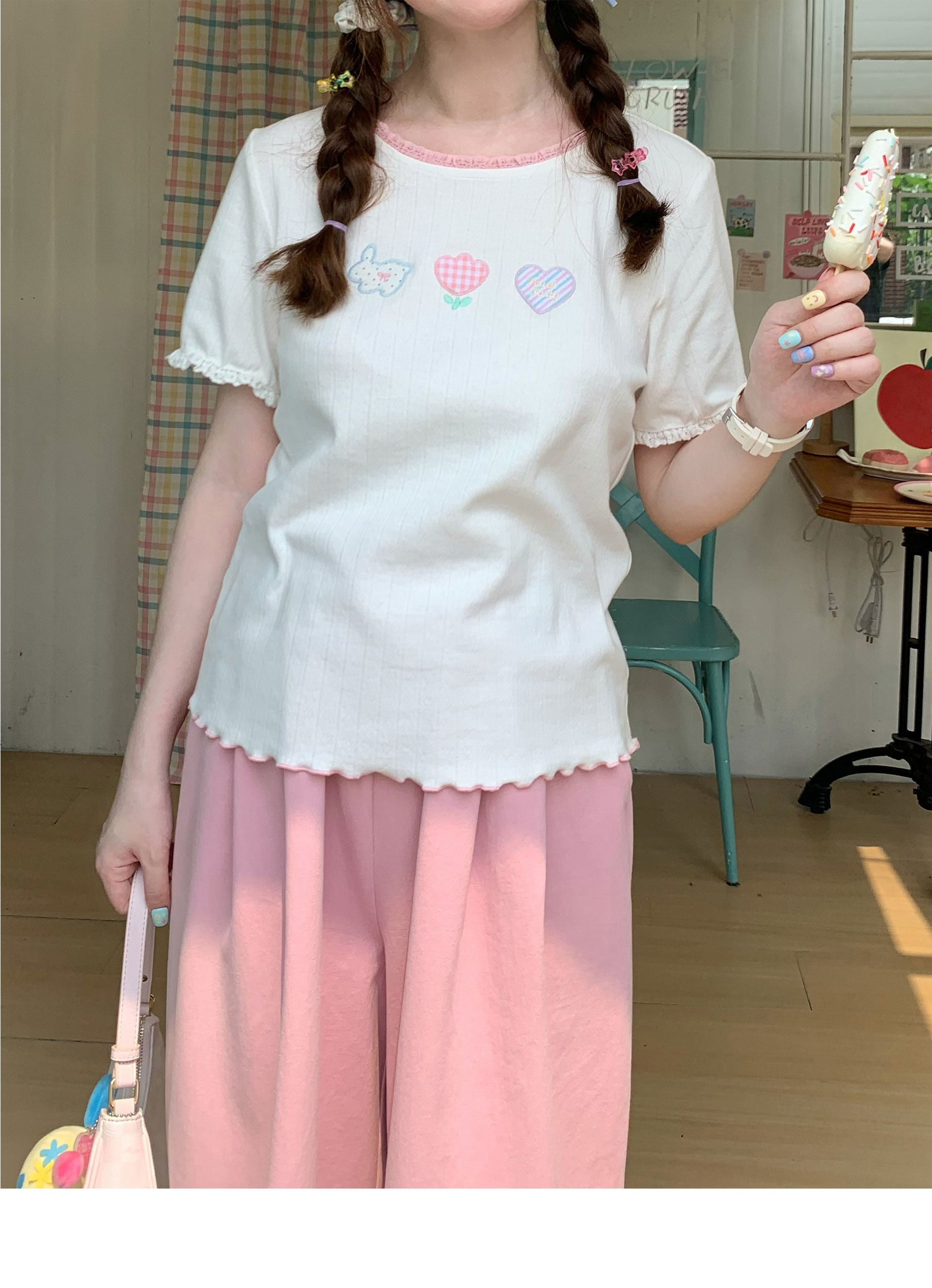 White Embroidered Kawaii T-Shirt | Harajuku Cute Graphic Tee by Land Decora