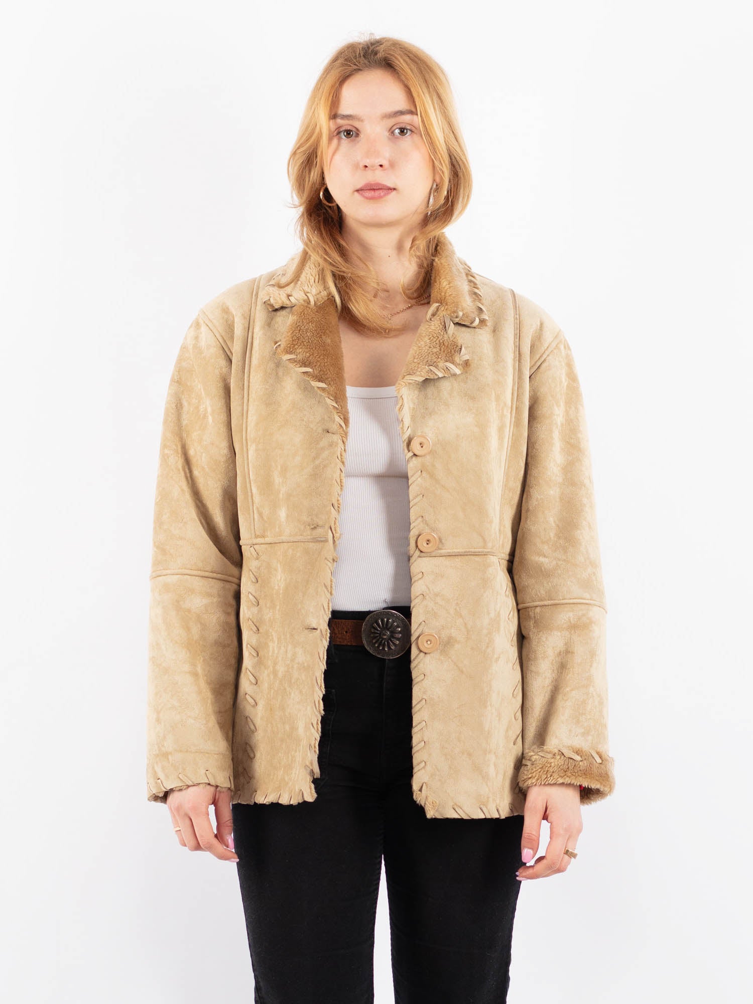 Vintage 90's Women Faux Sheepskin Jacket in Beige by Northern Grip