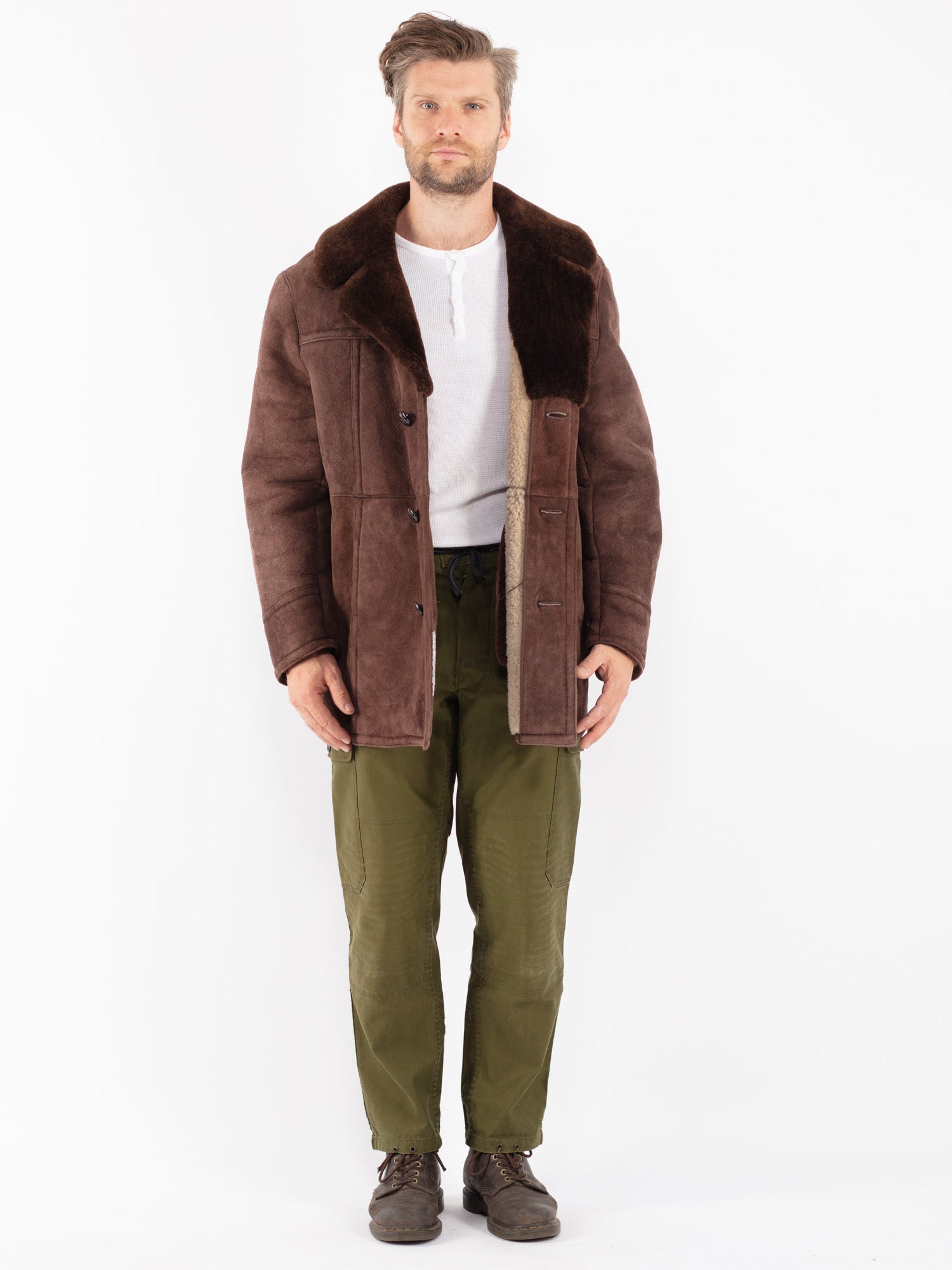 Vintage 70's Men Sheepskin Shearling Coat in Brown by Northern Grip