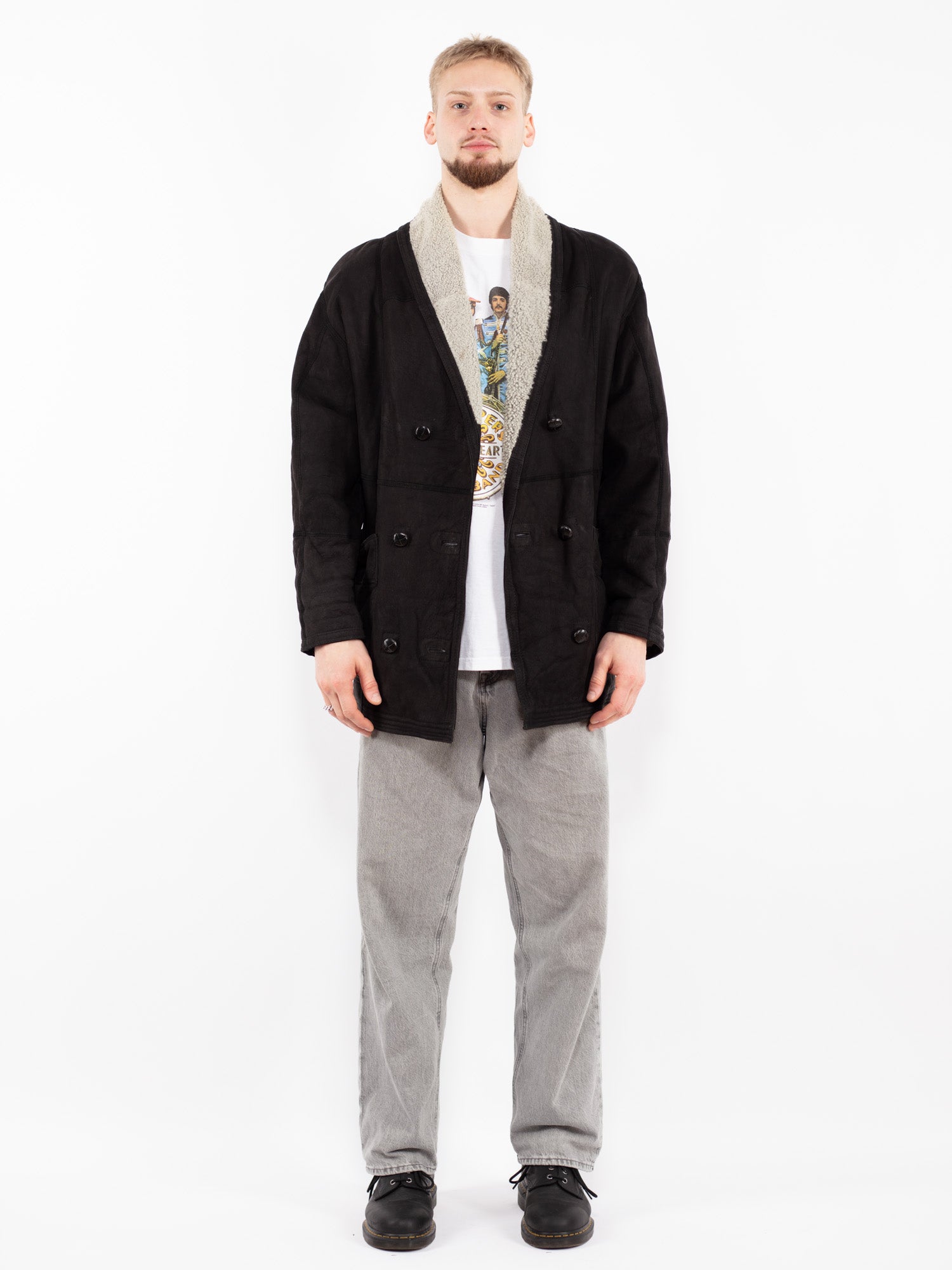 Vintage 90's Men Sheepskin Coat in Black by Northern Grip