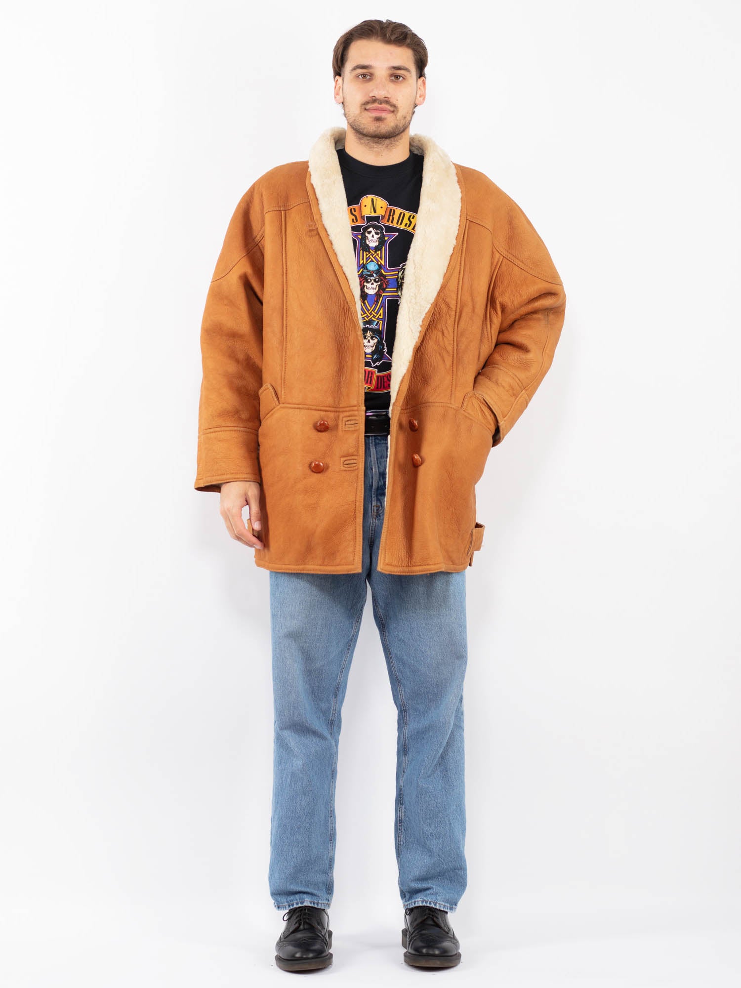 Vintage 80's Men Sheepskin Leather Coat in Caramel Brown by Northern Grip