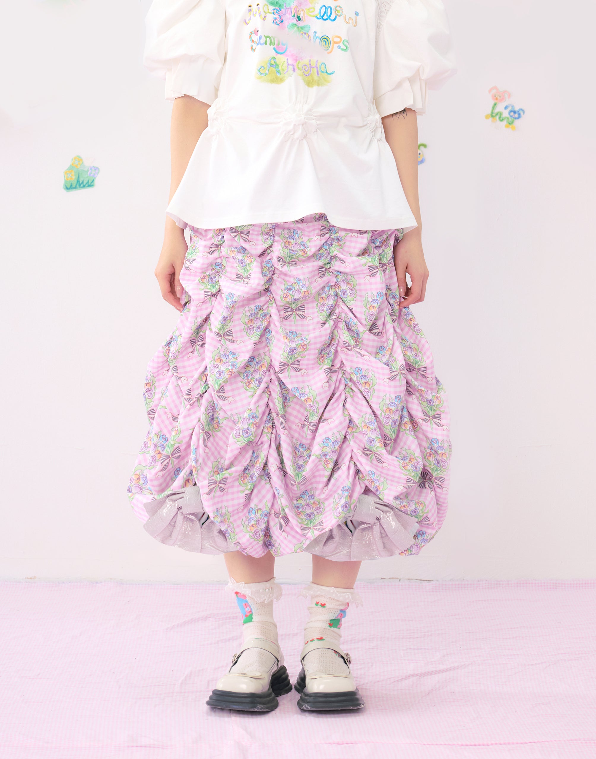 Harajuku Skirt Pink Floral Ruffled Layered Puff Skirt – HELPHELP by Land Decora