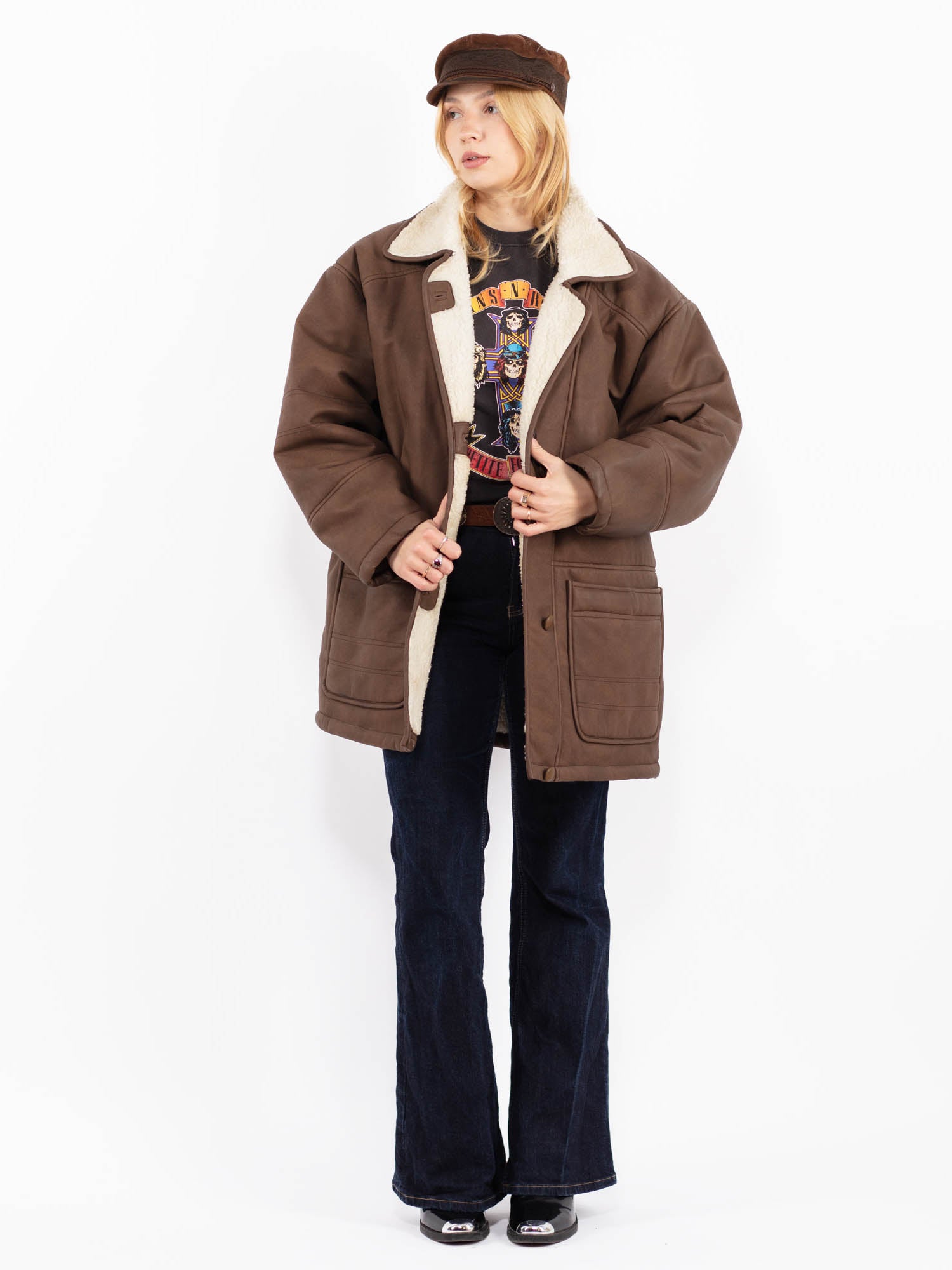 Vintage 90's Women Faux Sheepskin Coat in Brown by Northern Grip