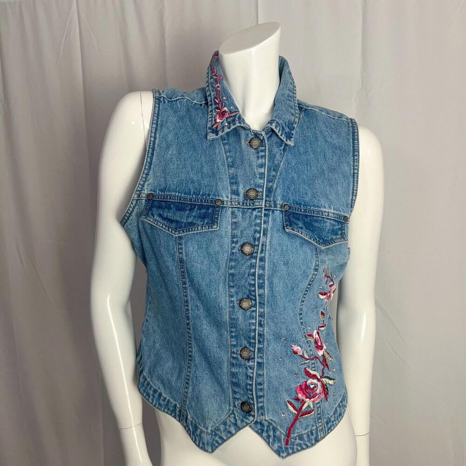 Vintage y2k Bill Blass Denim Vest Pink Flower Embroidered Western Size by Hot Girl Secondhand