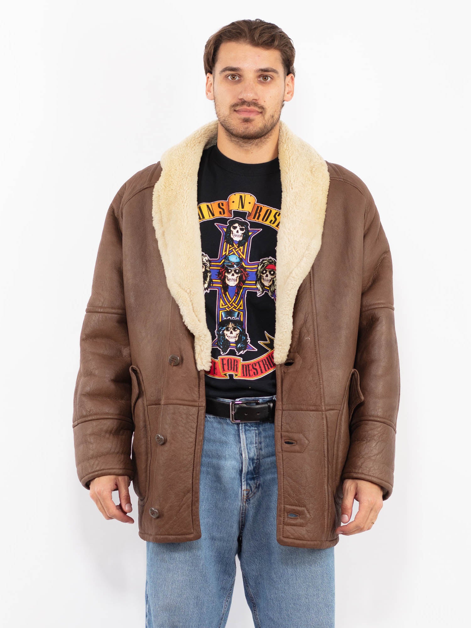 Vintage 80's Men Sheepskin Coat in Brown by Northern Grip