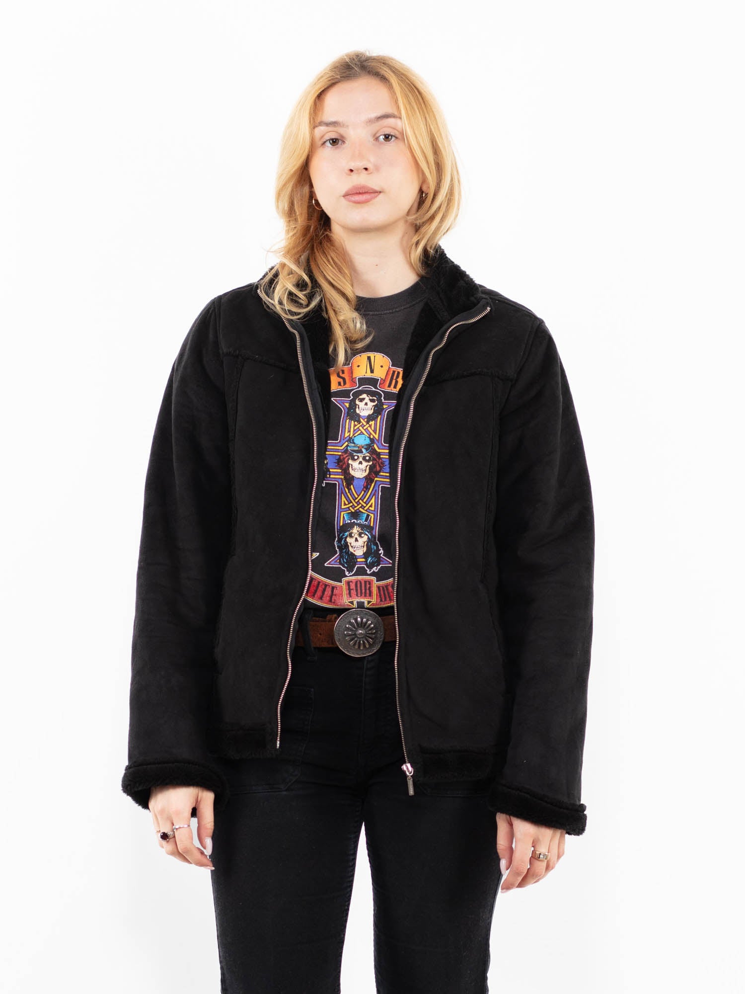 Vintage 00's Women Faux Sheepskin Jacket in Black by Northern Grip