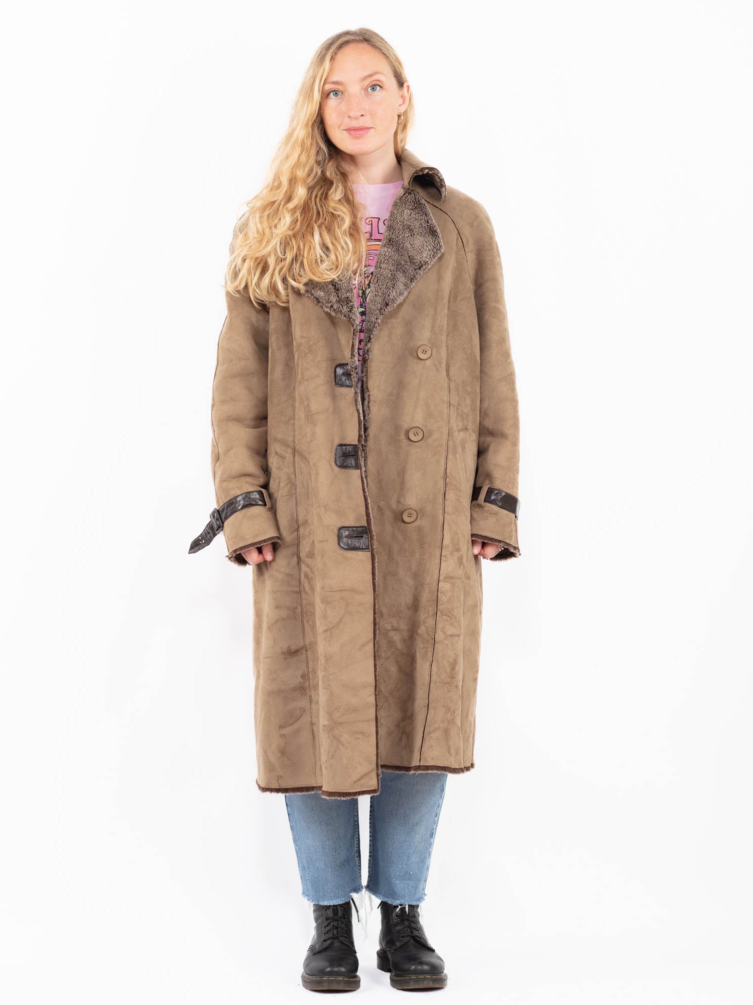 Vintage 90's Women Faux Sheepskin Coat in Beige by Northern Grip