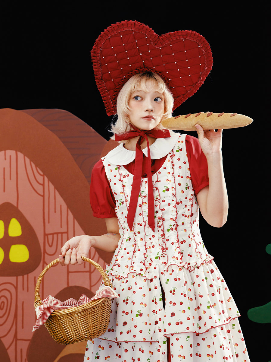 Meugler Kawaii Mushroom & Berry Plaid Midi Dress – Ruffle Cottagecore Fairy Kei Style by Land Decora