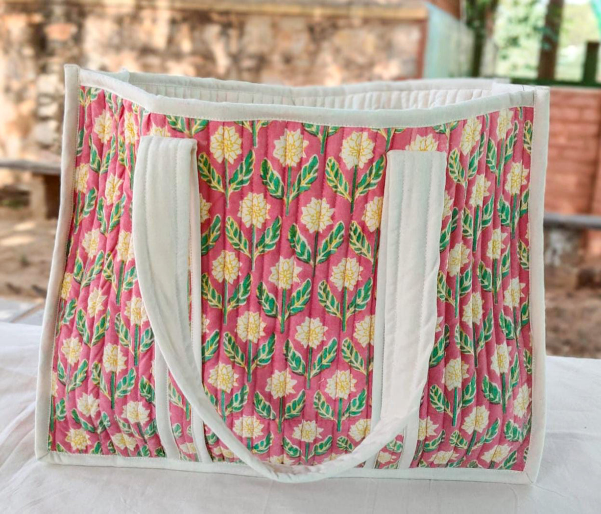 Large quilted weekend tote bag, vibrant pink block print, floral desig by Shakti.ism