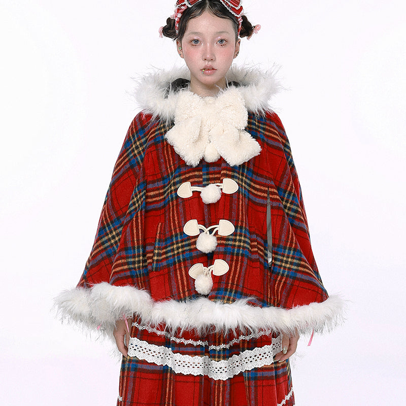 SOS MEME CLUB – Showa Christmas Red Plaid Wool Coat Plush Cape Jacket by Land Decora