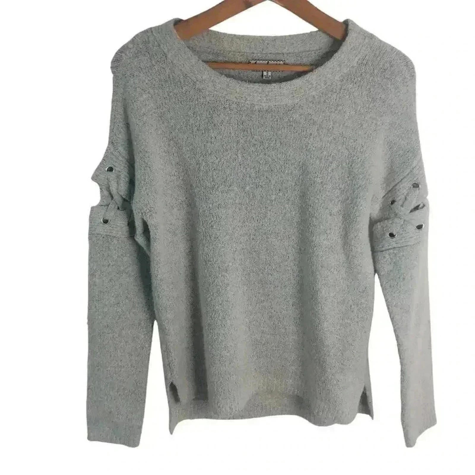 Crave Fame Light Grey Sweater Lace Up Sleeves Cutout Knit Crewneck Siz by Hot Girl Secondhand