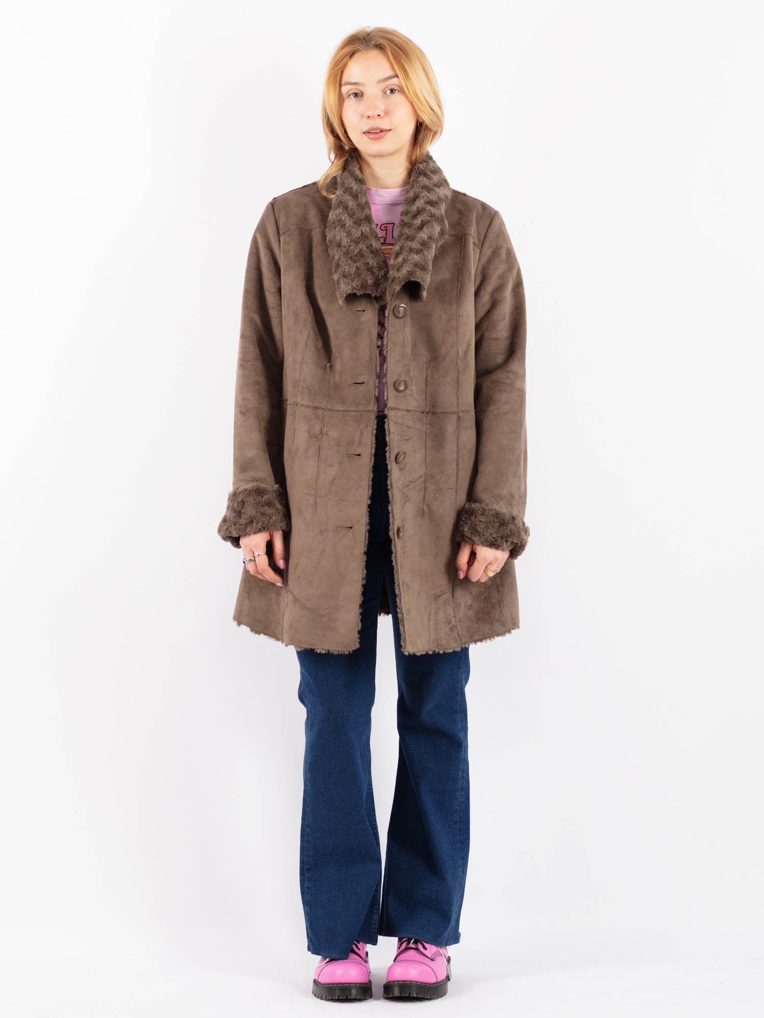 Vintage 90's Women Faux Sheepskin Coat in Beige by Northern Grip