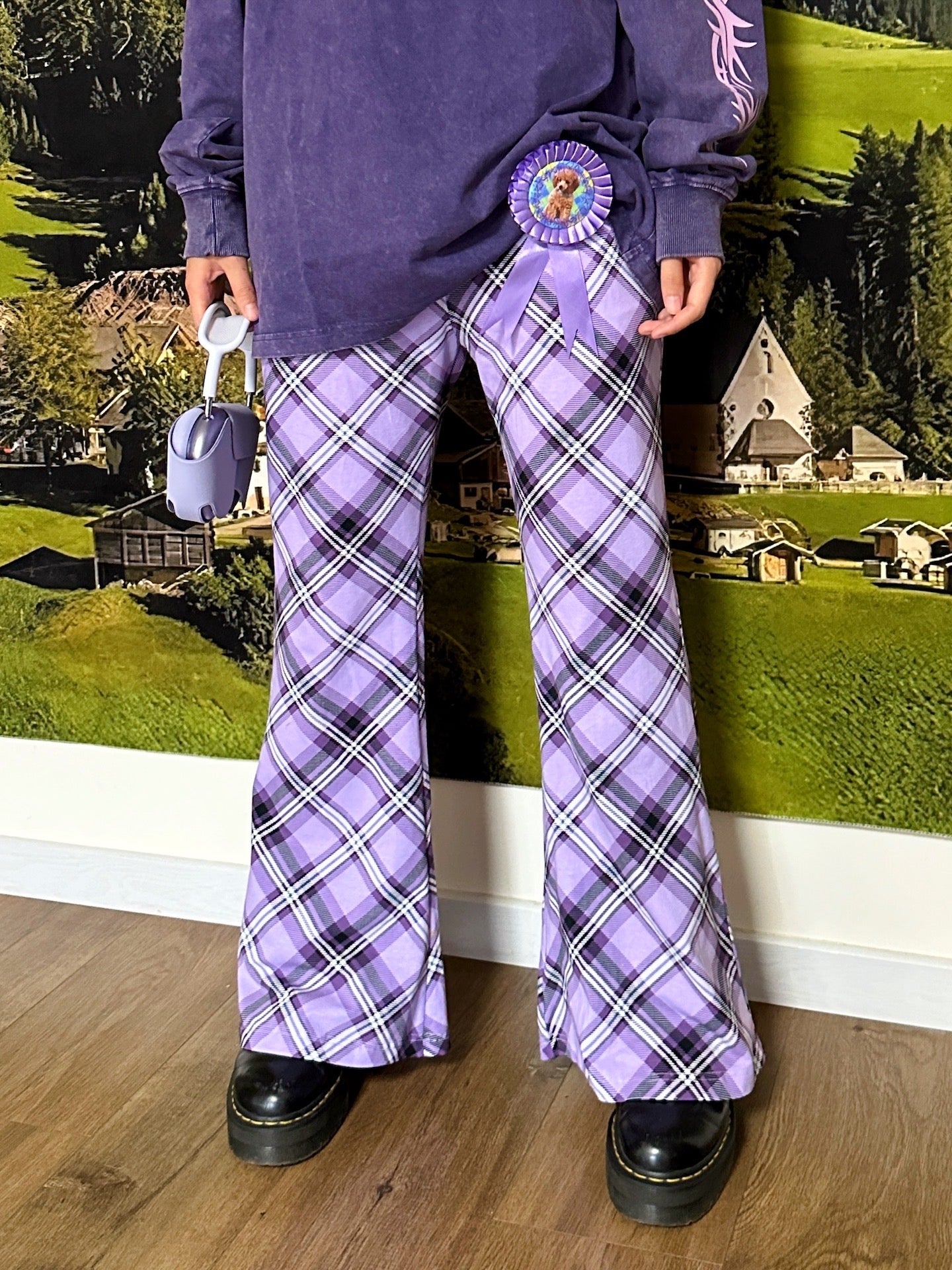 Y2K Flare Pants Purple Plaid Retro Loose Fit - BunnyBunnyGun by Land Decora