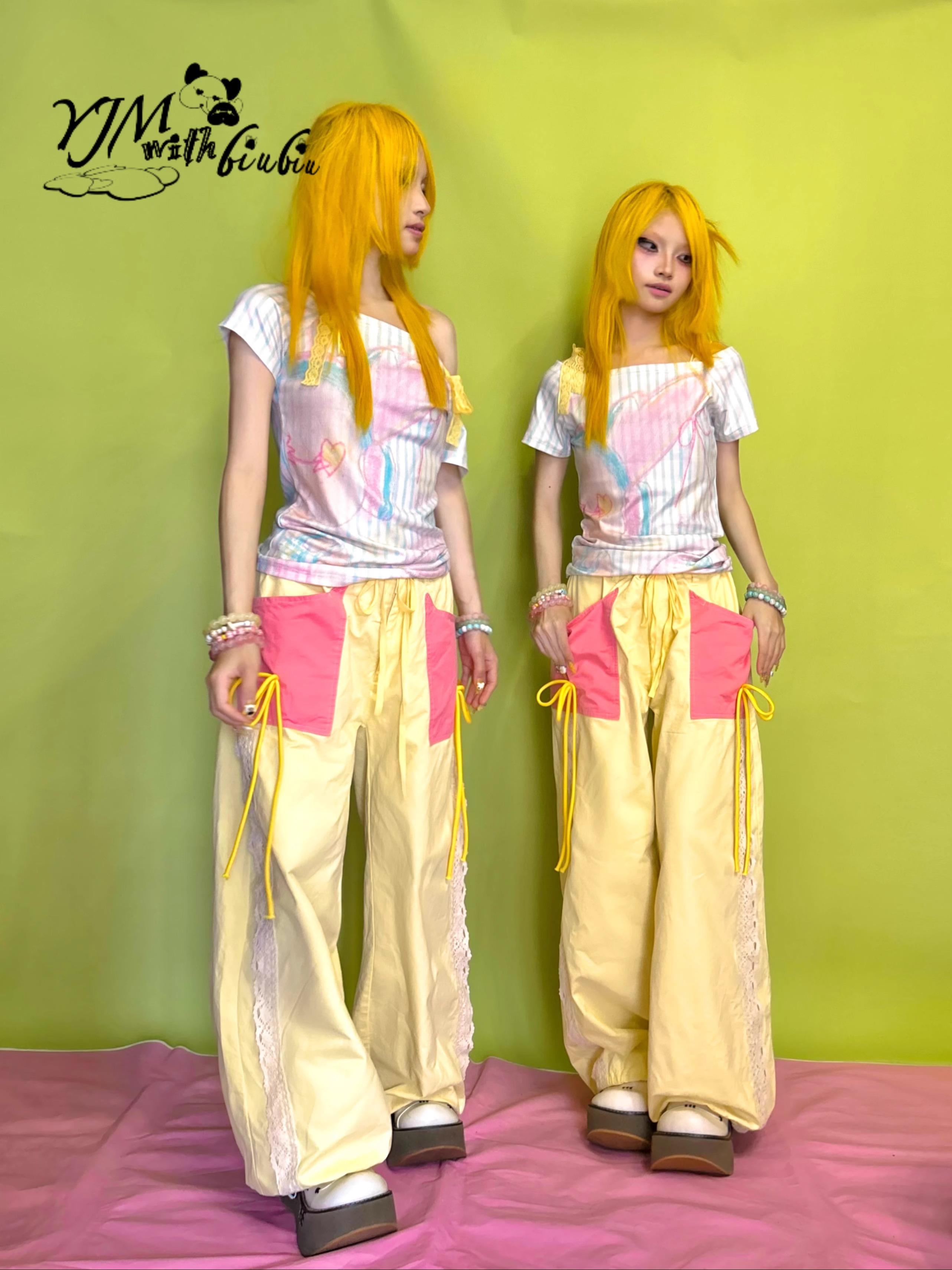 YJM with biubiu Sweetheart Pants | Yellow Splice Bow Loose Long Pants by Land Decora