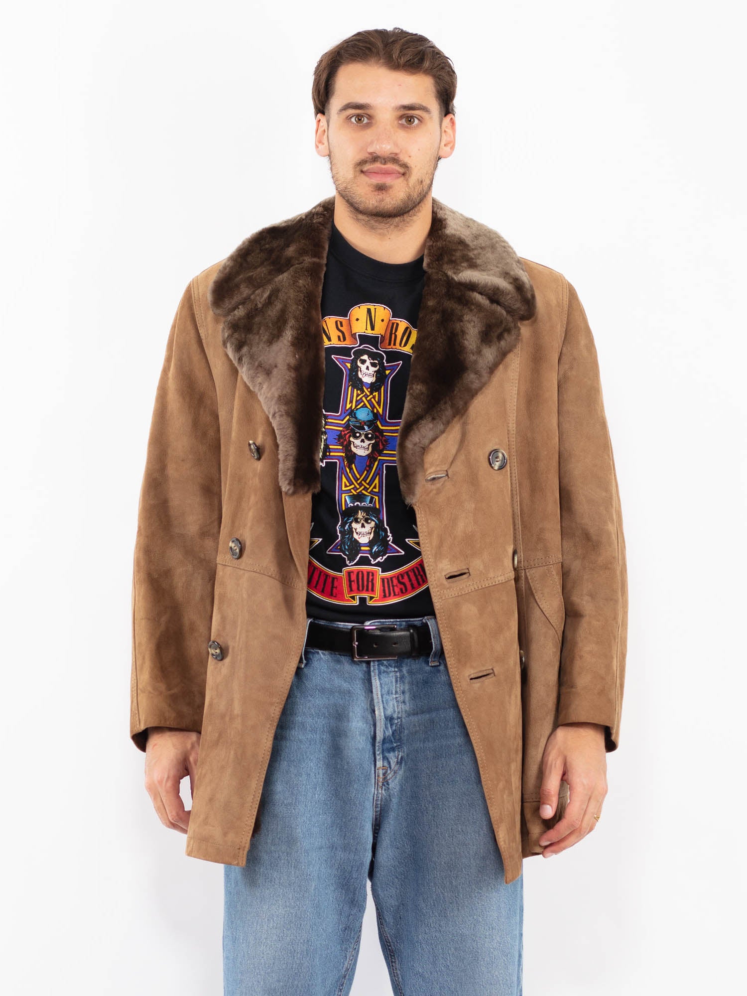 Vintage 70's Men Suede Sherpa Coat in Brown by Northern Grip