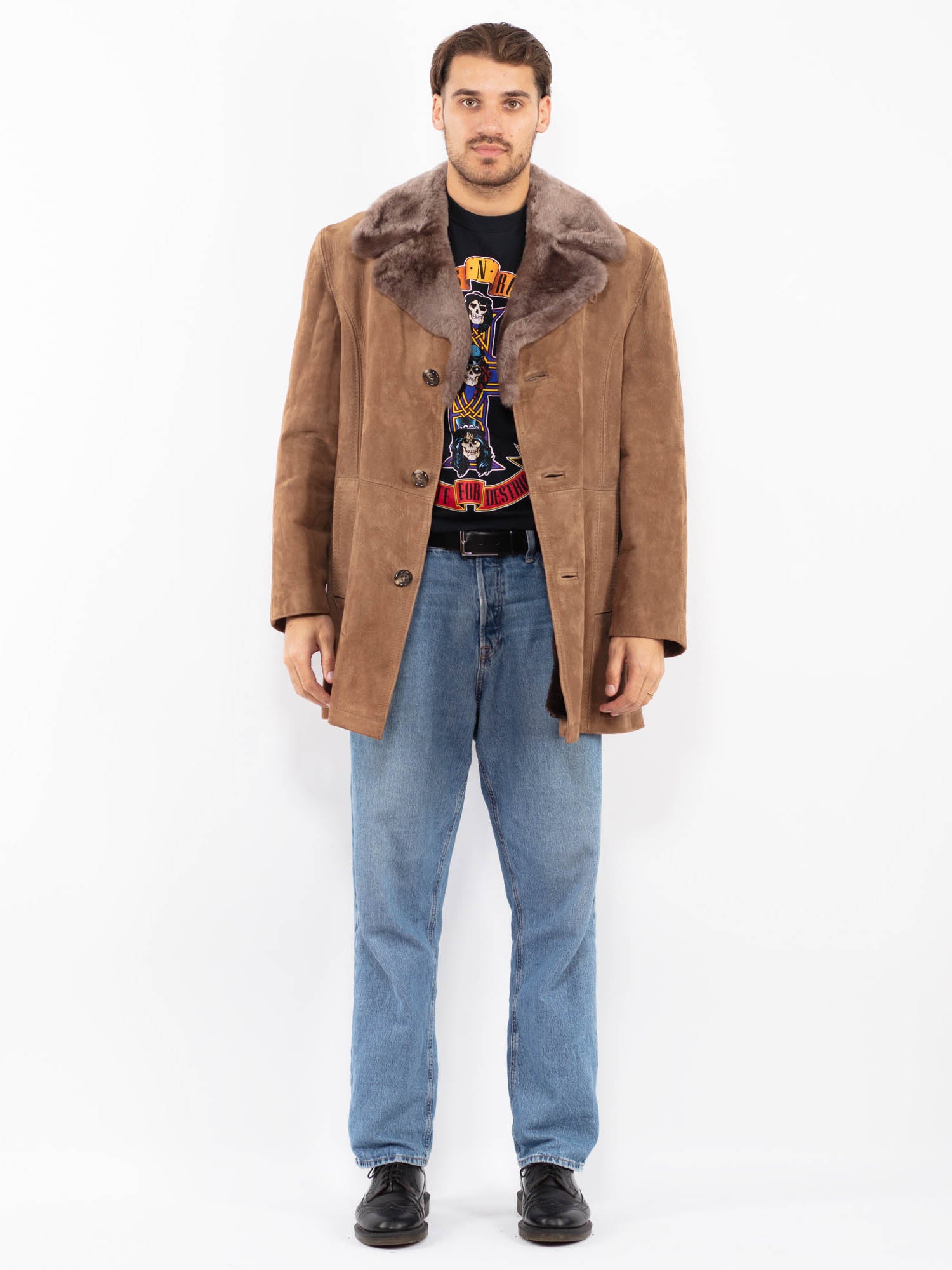 Vintage 70's Men Suede Sherpa Coat in Beige by Northern Grip