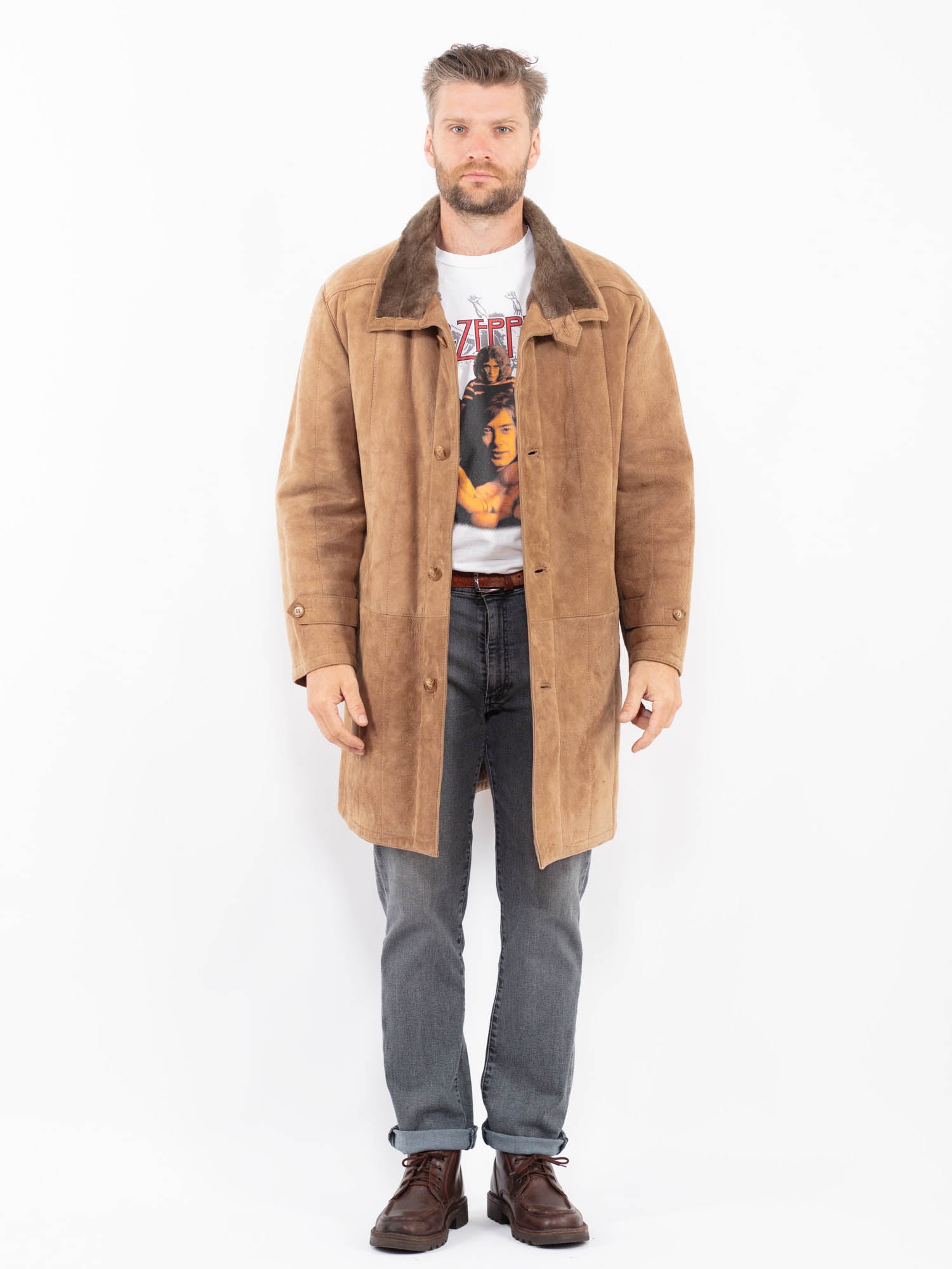 Vintage 80's Men Sheepskin Coat in Beige by Northern Grip