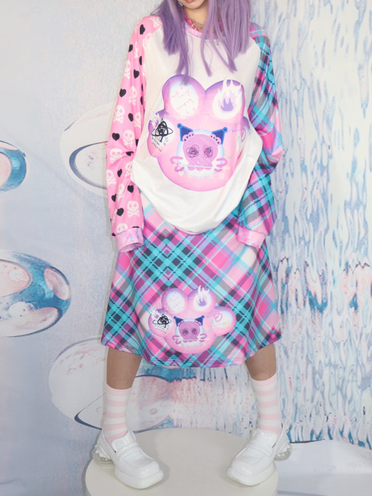 LEERROO KidCore Playful Skirt | Graffiti Print Plaid Skirt by Land Decora