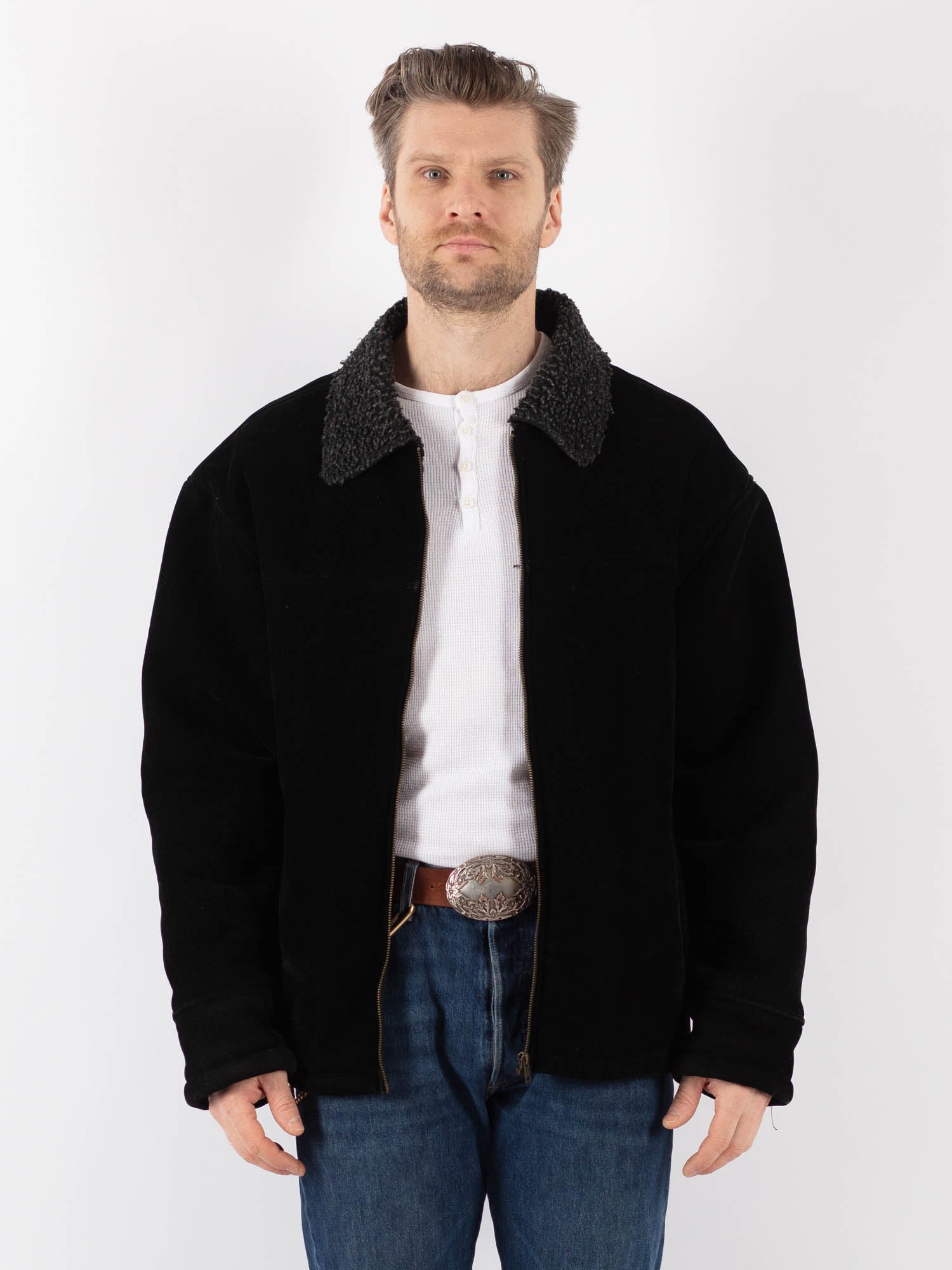 Vintage 90's Men Faux Sheepskin Jacket in Black by Northern Grip