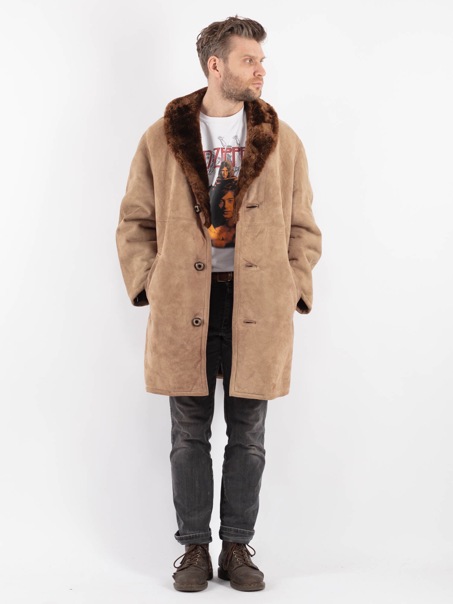 Vintage 70's Men Sheepskin Coat in Beige by Northern Grip