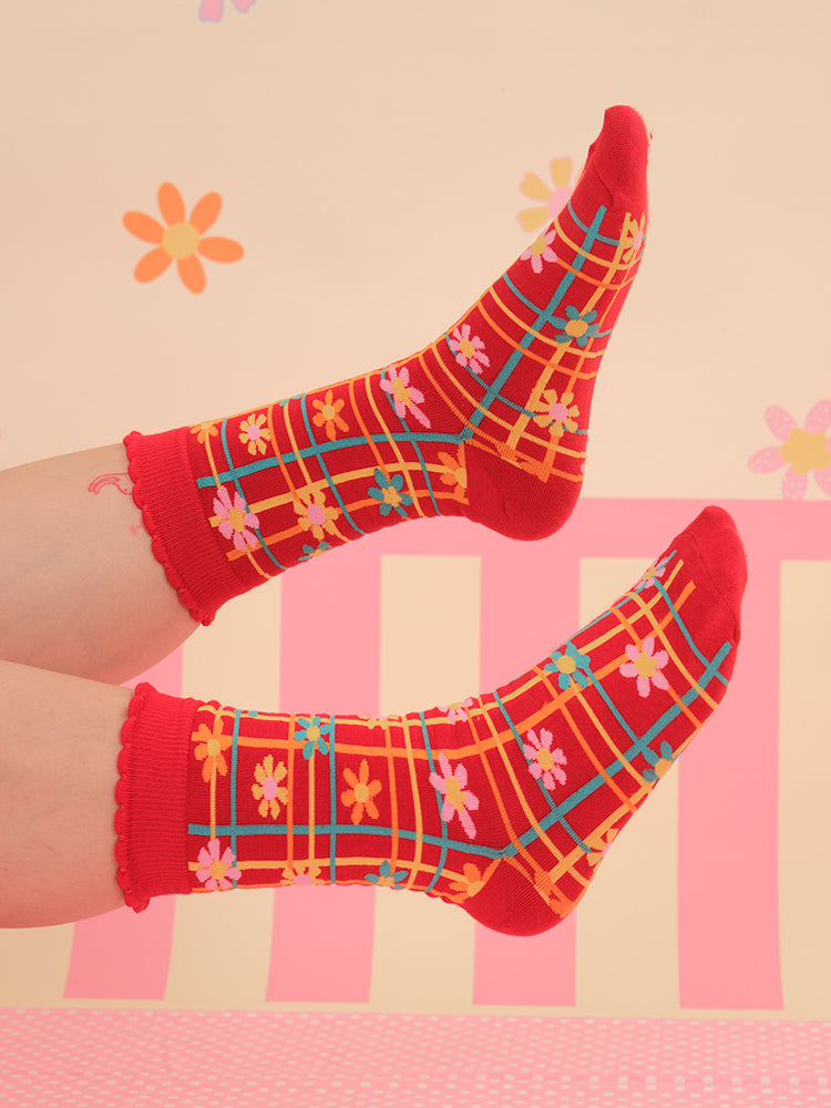 Kawaii Knit Socks Colorful Flower Mid-Calf Japanese - NIKKOU by Land Decora
