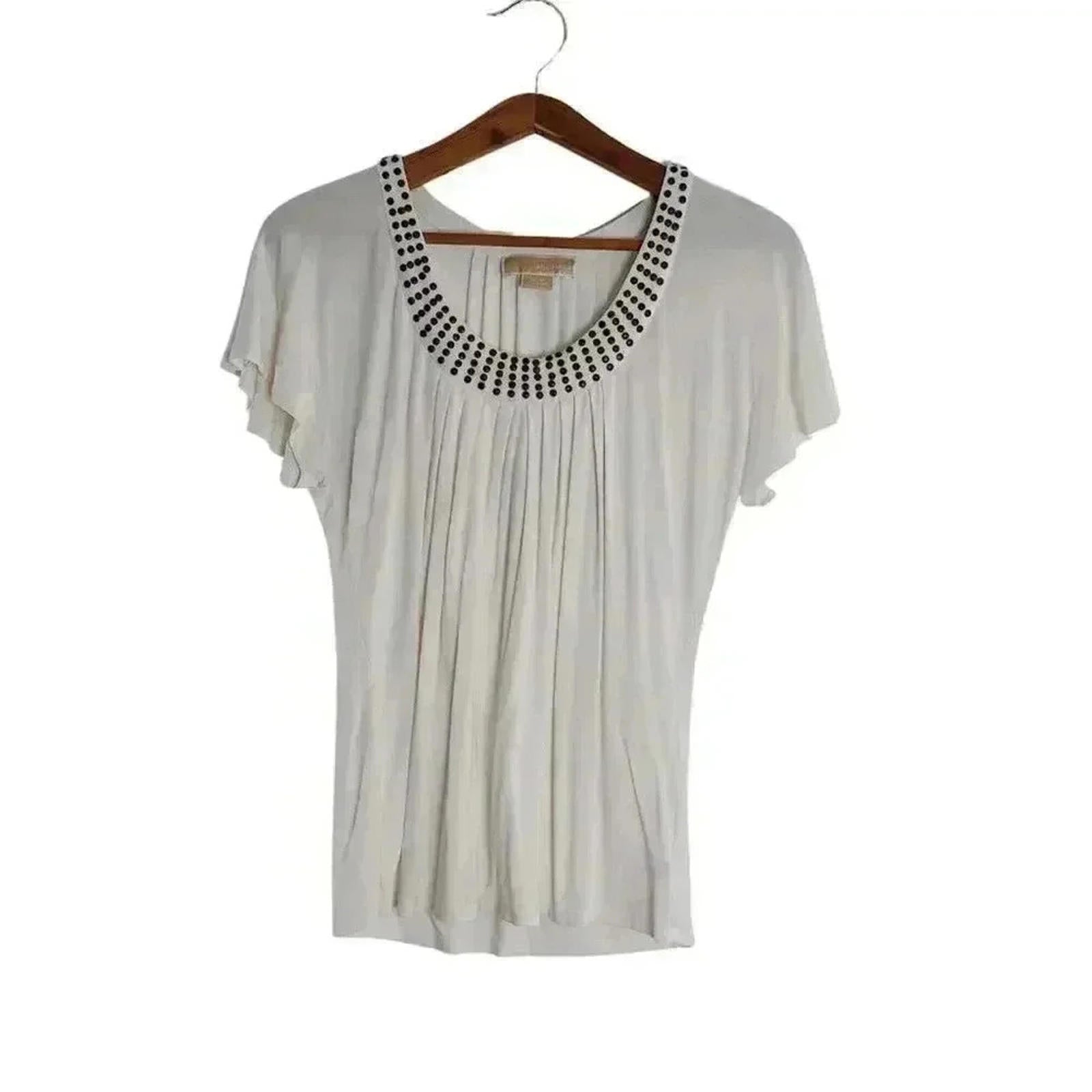 Michael Kors White Studded Blouse Ruffled Short Sleeve Boho Chic Bohem by Hot Girl Secondhand