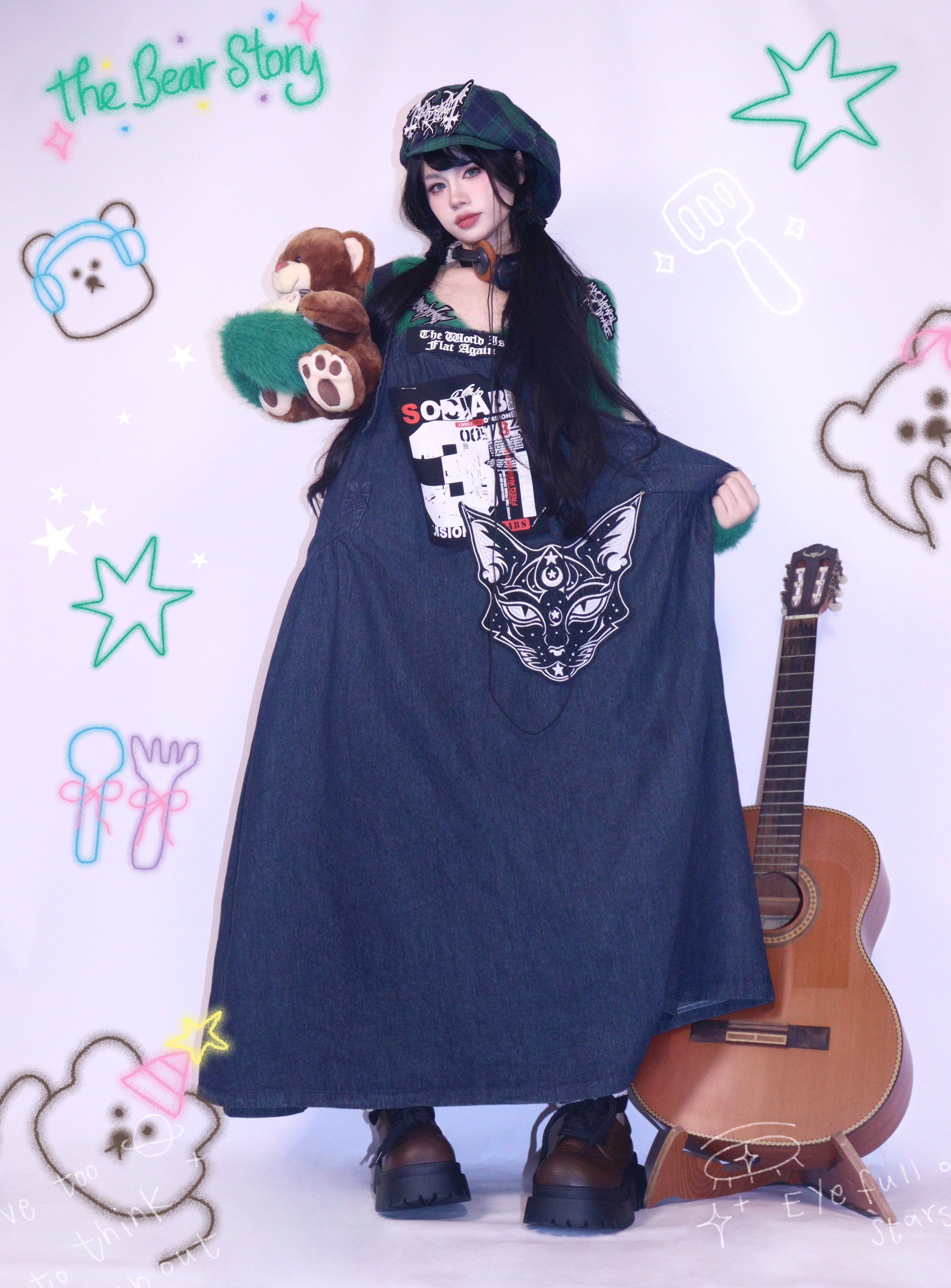 Y2K Vintage Denim Pinafore Dress - Flared Loose Long Skirt - Leerroo by Land Decora