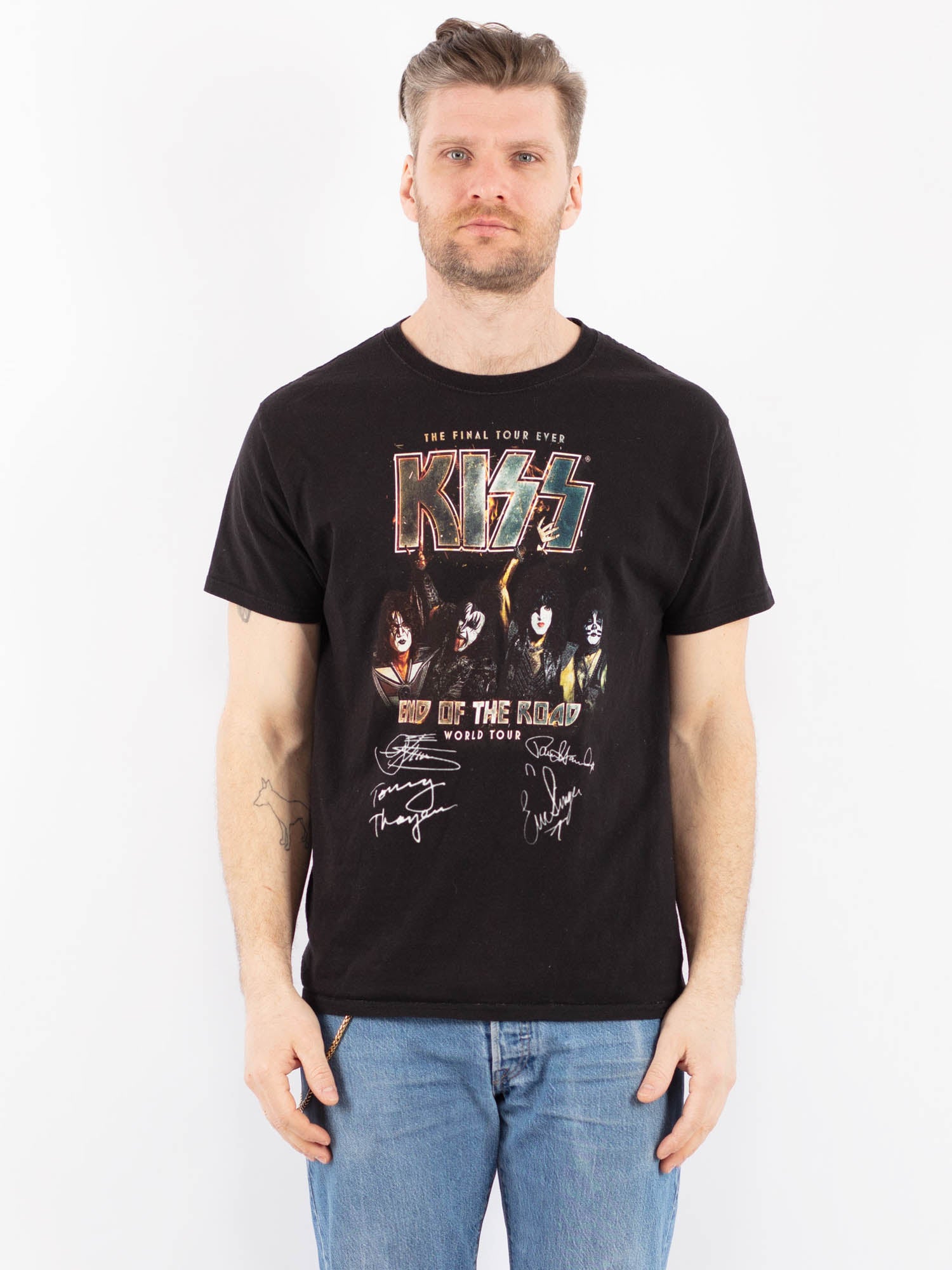 Vintage 00's Men Kiss Print T-Shirt in Black by Northern Grip