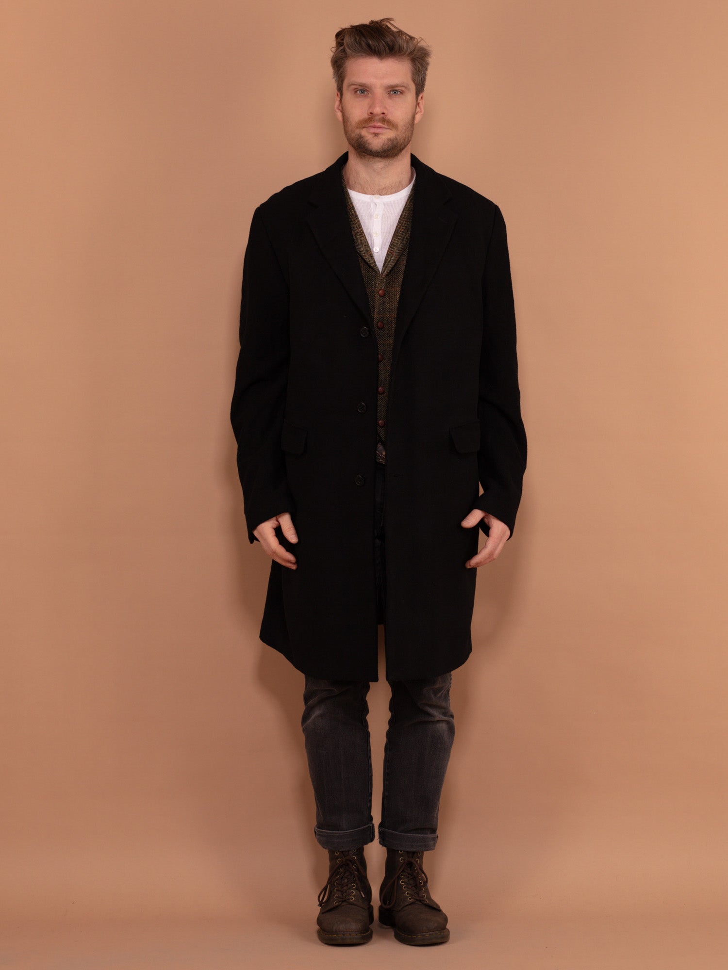 Vintage 00's Men Wool and Cashmere Coat in Black by Northern Grip