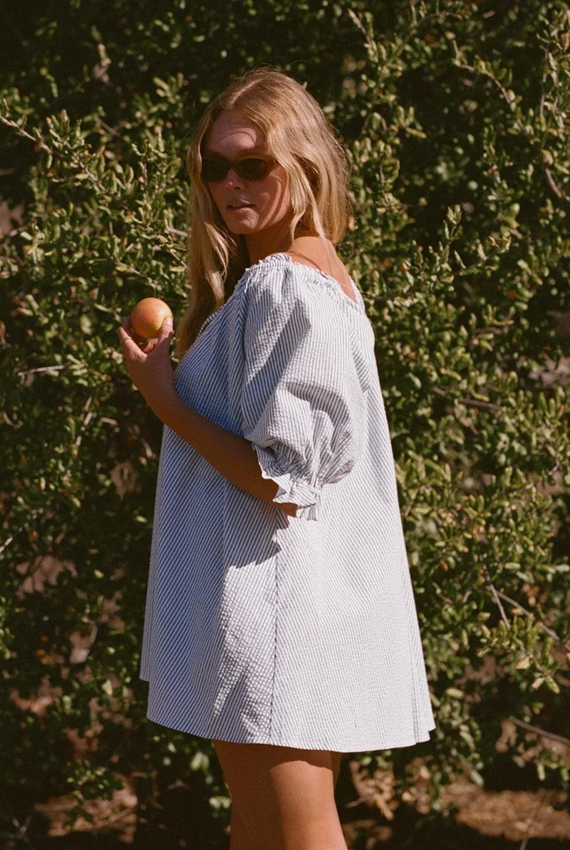 Portofino Dress- Blue and White Seer Sucker Pinstripe Dress by Merritt Charles